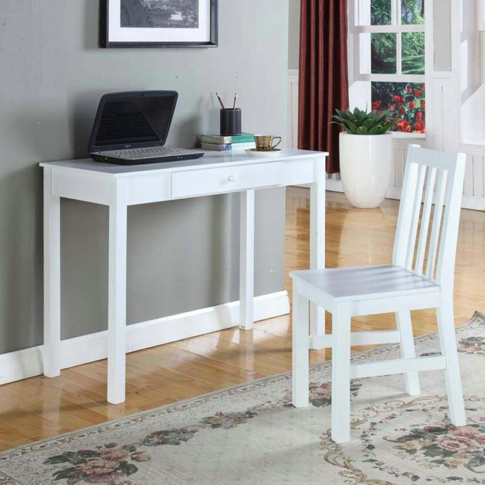 Elegant White Wood Writing Desk with Nickel Finish Drawer
