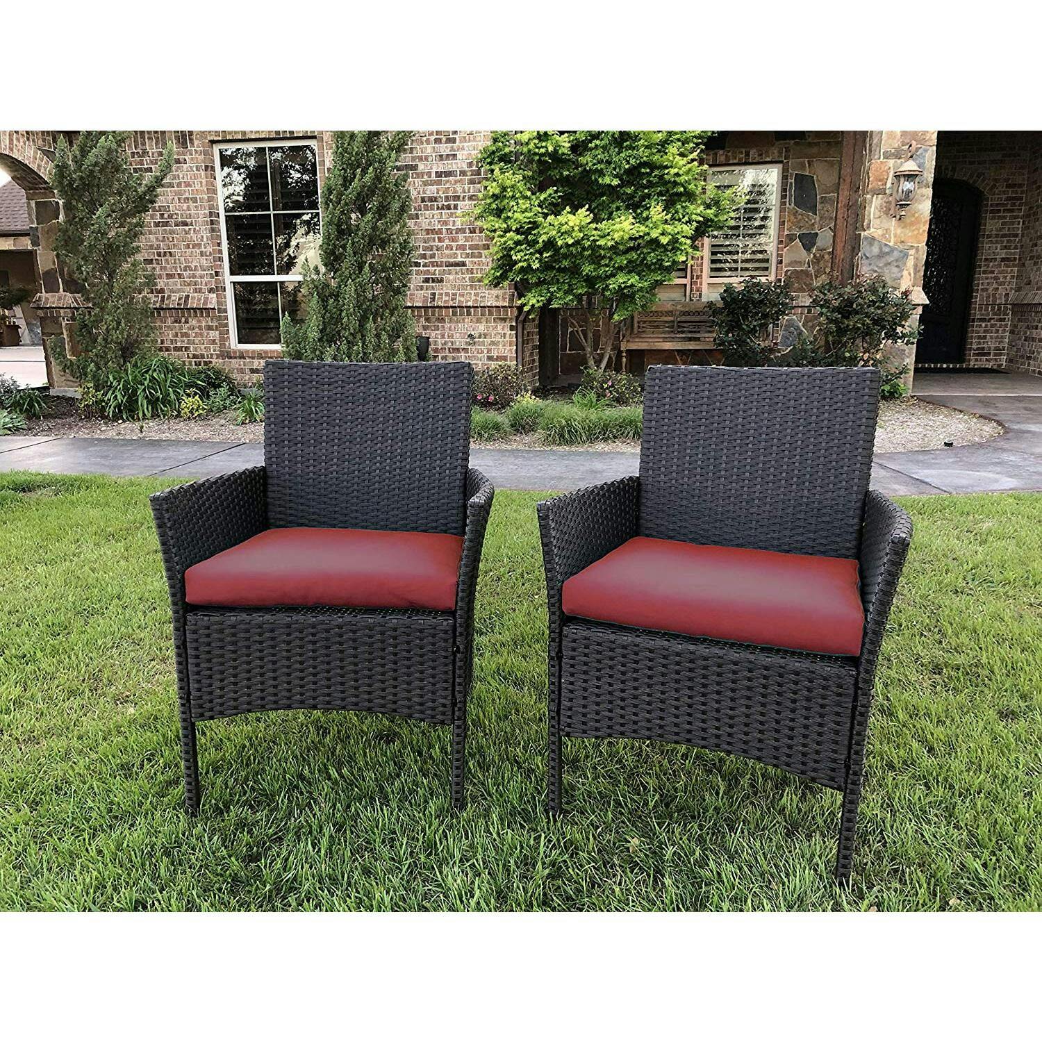 Contemporary Patio Armchair Set with Cushions in Resin Wicker and Steel