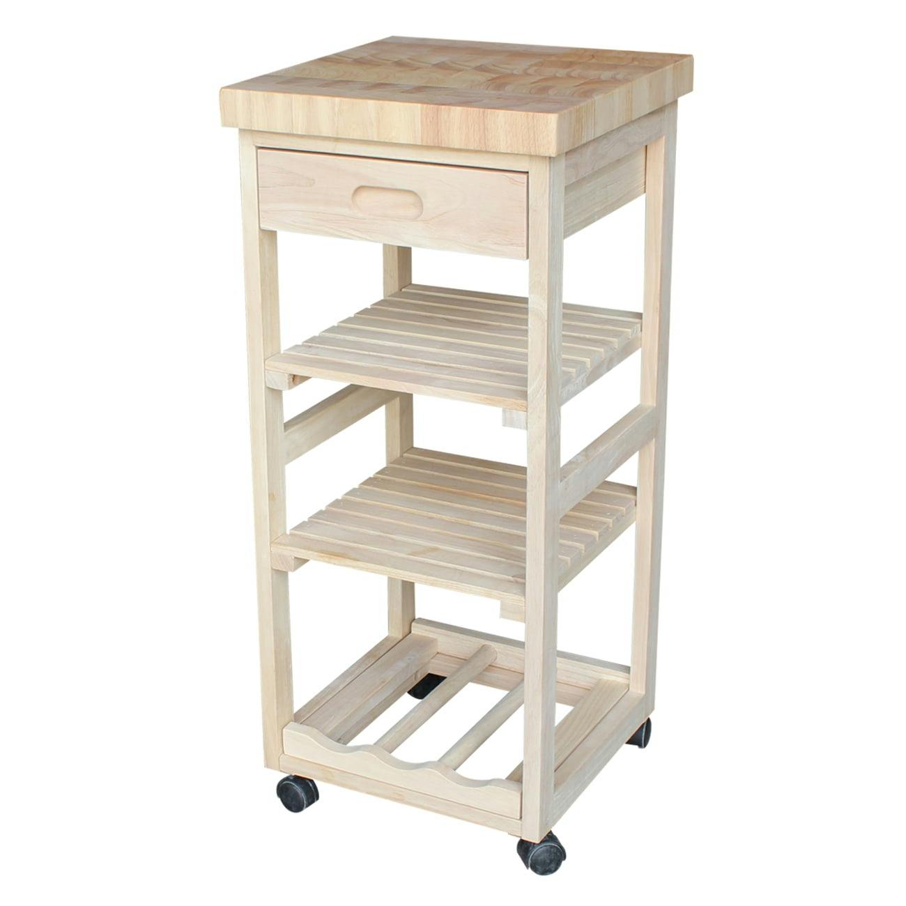 Solid Wood Unfinished Butcher Block Kitchen Cart with Wine Storage