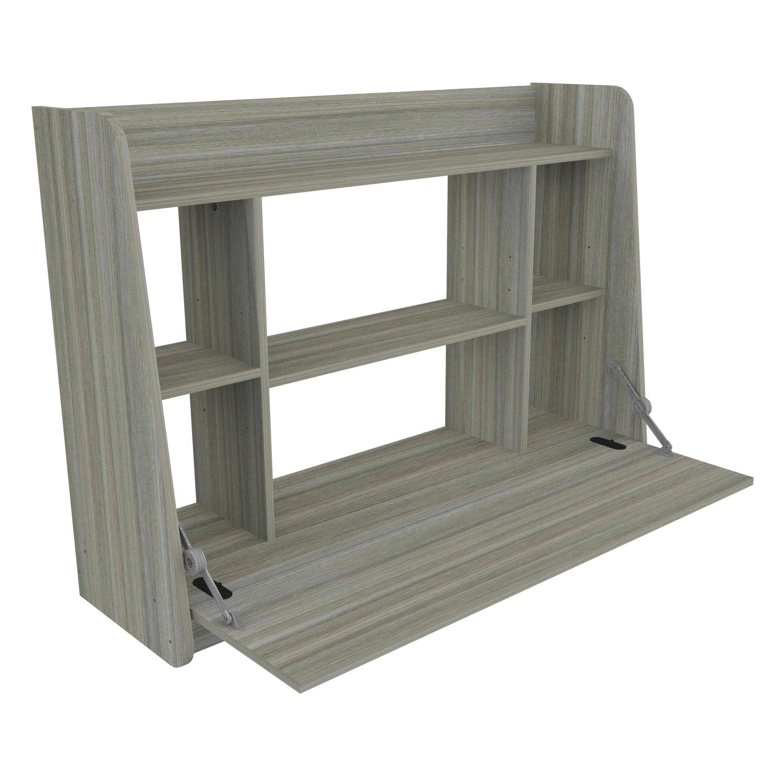 Smoke Oak Foldable Wall-Mounted Desk with Storage Shelves