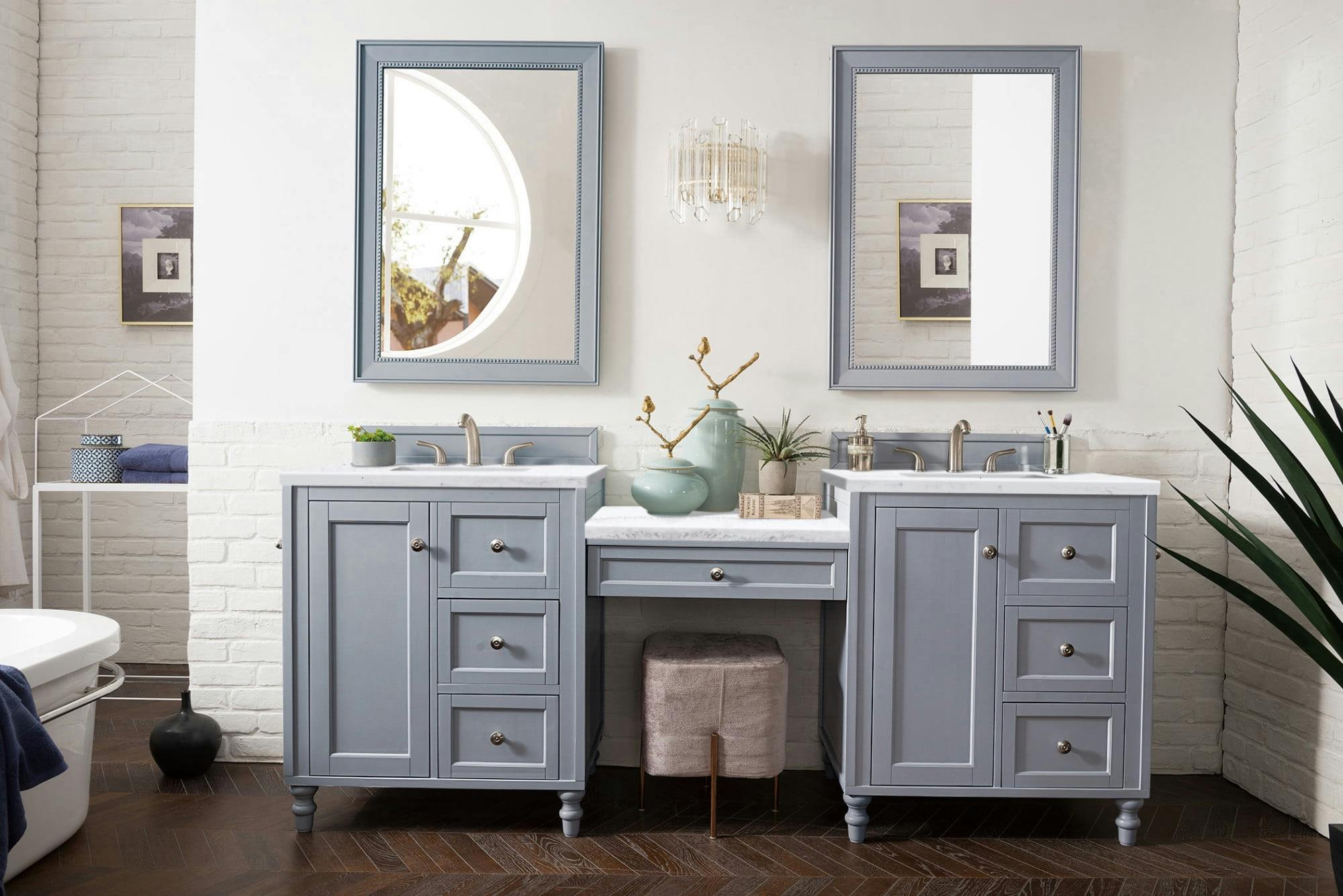 Silver Gray 86" Solid Wood Double Vanity with Arctic Fall Top & Makeup Station