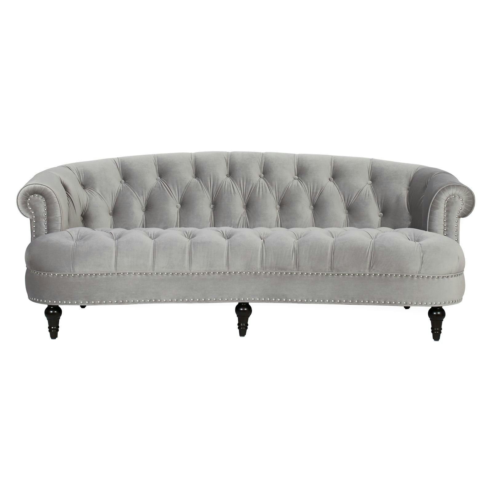 Opal Grey Velvet Chesterfield Sofa with Nailhead Accents and Wood Frame