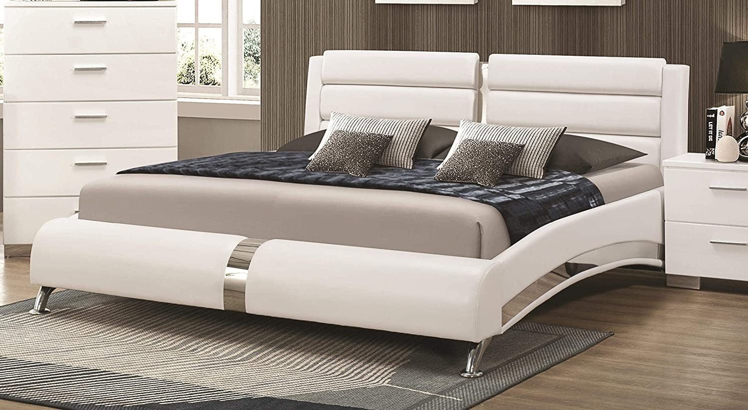 Sleek Eastern King White Faux Leather Bed with Chrome Accents