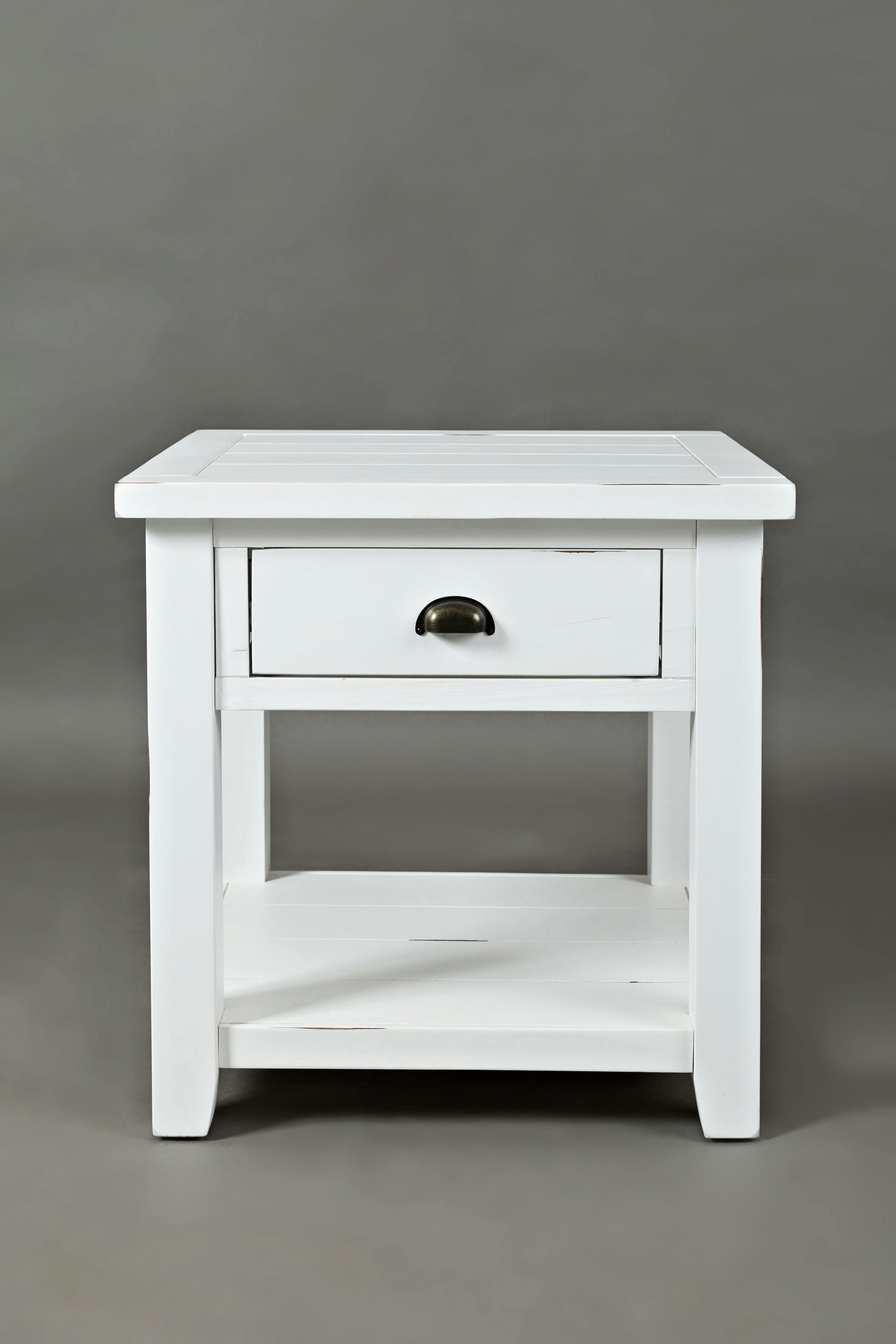 Coastal Charm White Square Wood End Table with Storage
