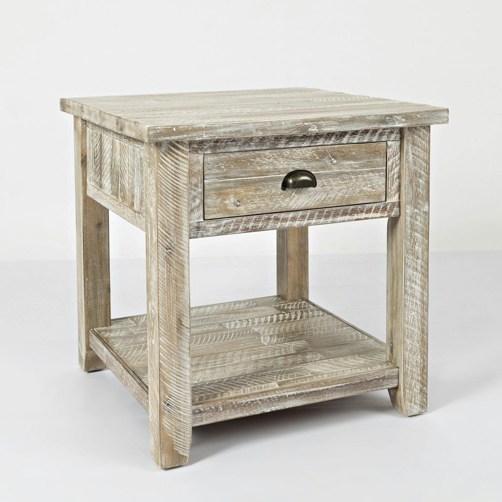 Rustic Farmhouse Square End Table in Washed Gray with Storage