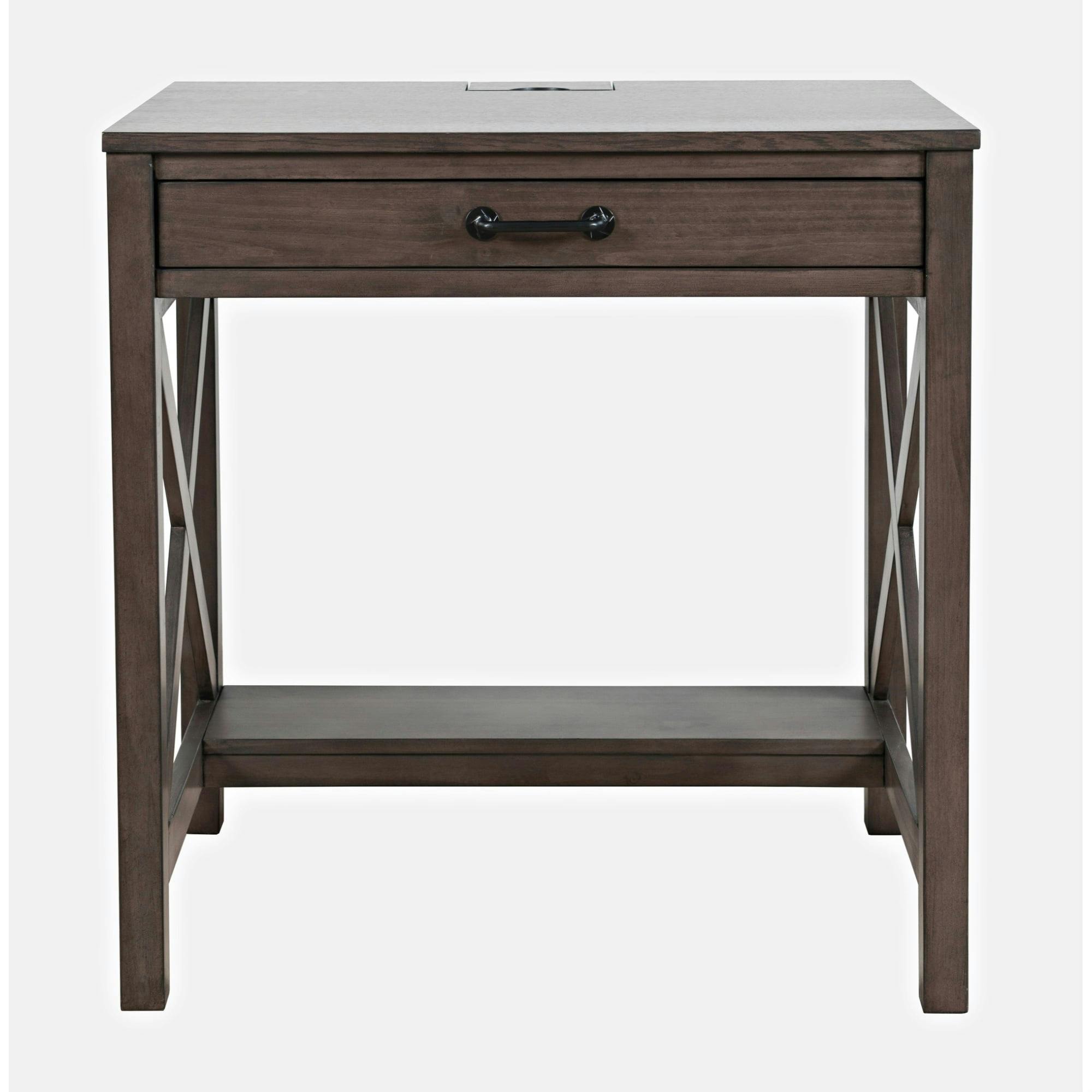 Transitional Hobson Desk with USB Charging Ports and Drawer in Gray/Brown