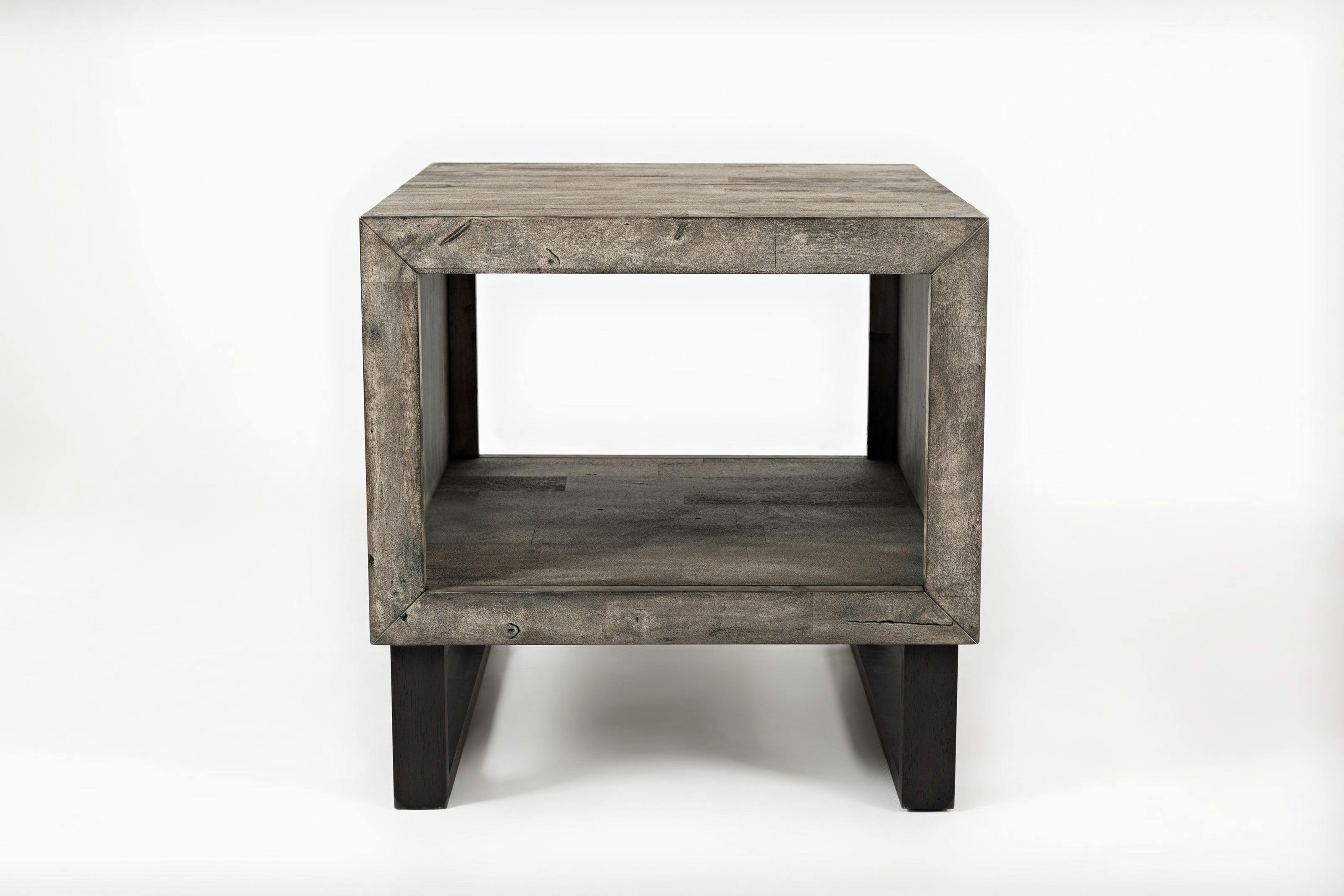 Modern Distressed Gray Solid Wood & Metal Square End Table