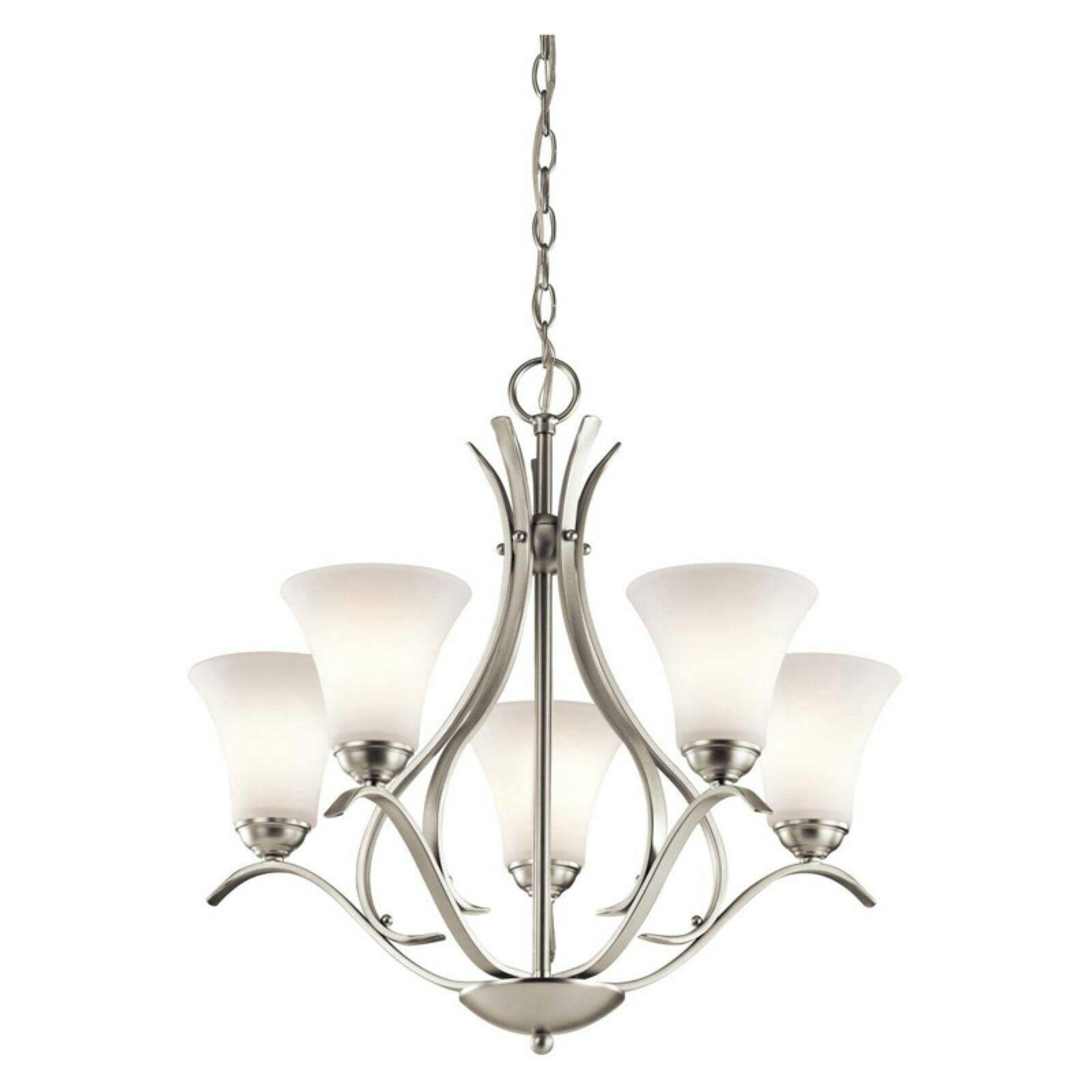 Elegant 24.5" Brushed Nickel Chandelier with White Bell Shades