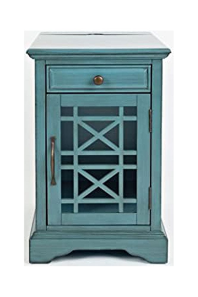 Antique Blue Craftsman Chairside Wooden End Table with USB Charging Station
