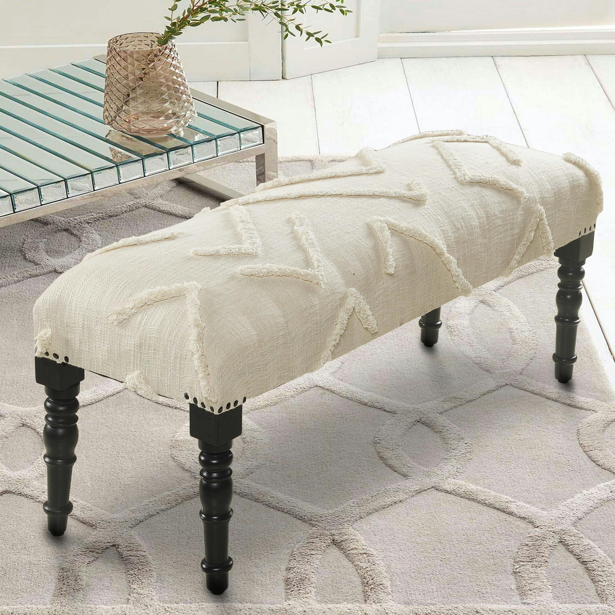 Elegant Cream Tufted Cotton Bench with Wooden Legs, 47"
