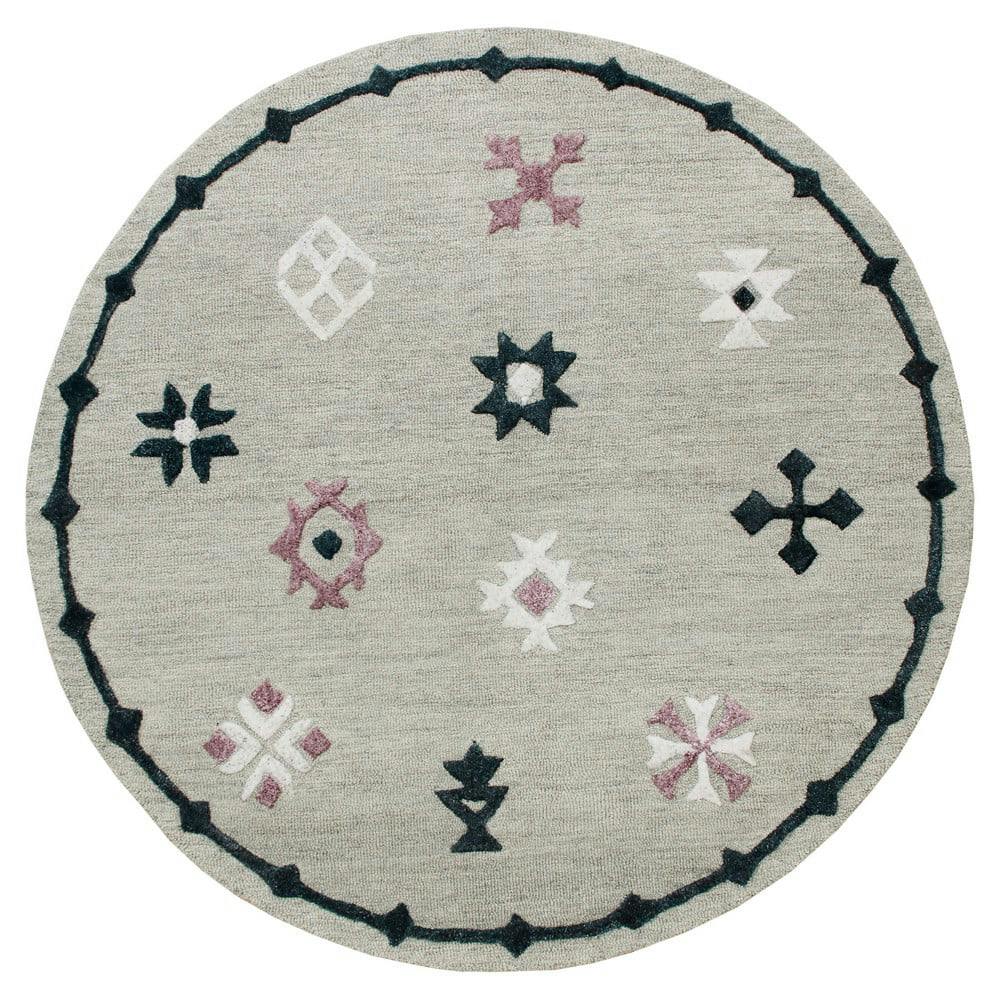 Handmade Geometric Bordered Gray Wool & Viscose 7' Round Rug