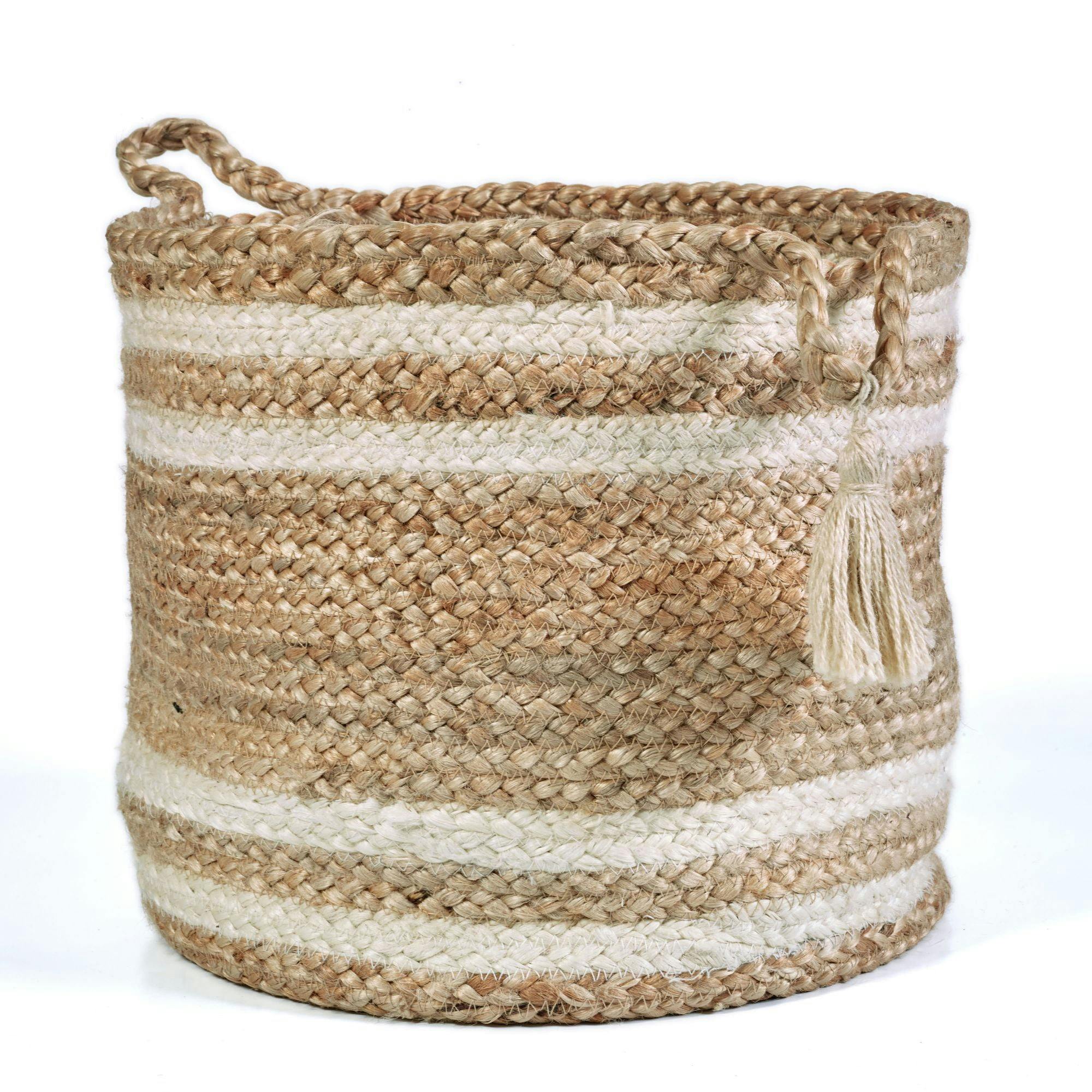 17" Brown and White Hand-Crafted Jute Storage Basket with Tassel