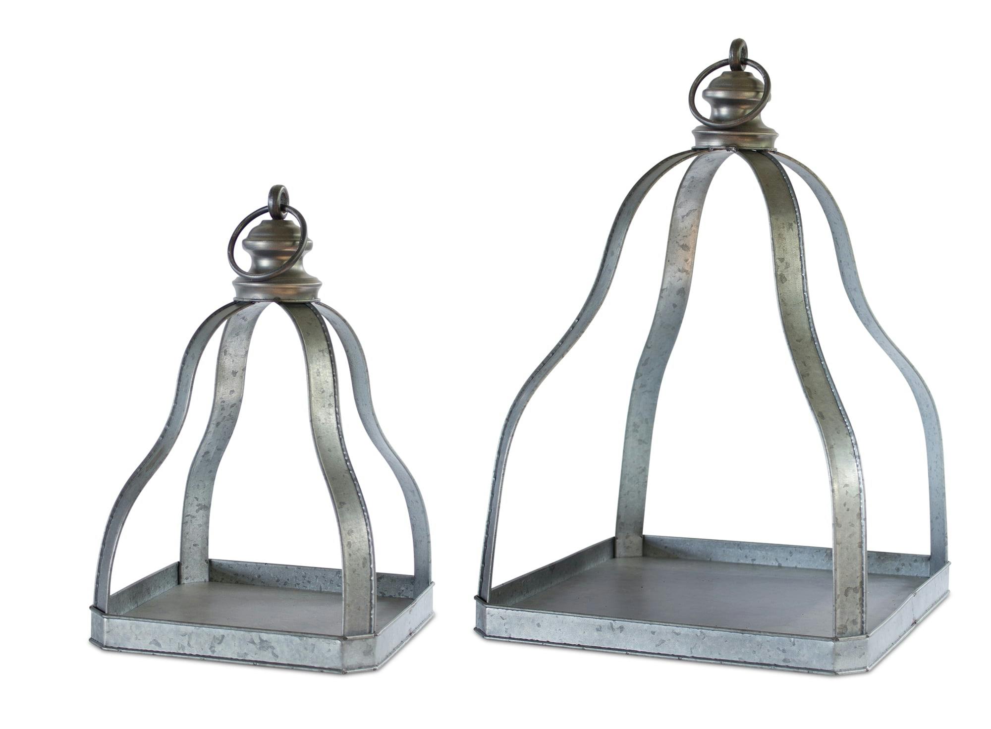 Rustic Galvanized Metal Hanging Candle Lantern Set