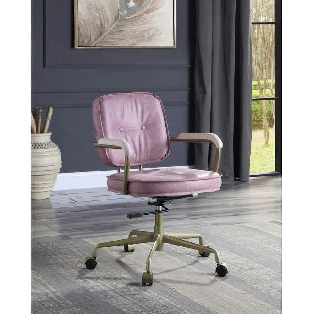 Aurora Pink Top Grain Leather Swivel Accent Chair with Fixed Arms