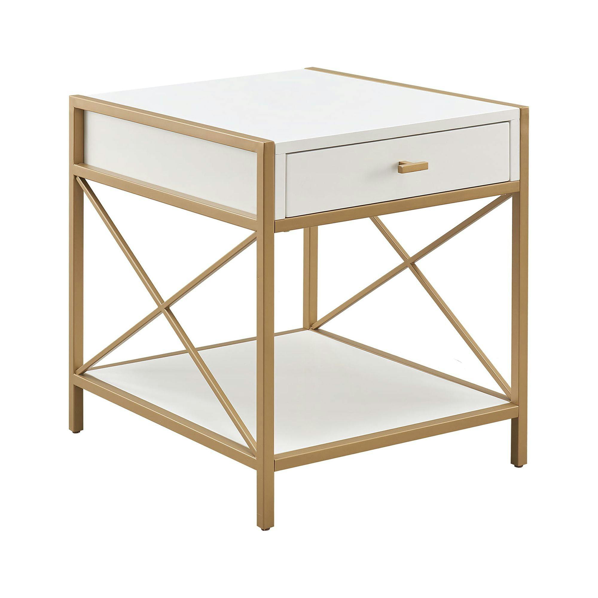 Claudette Gold Metal Frame and White Wood Top End Table with Drawer