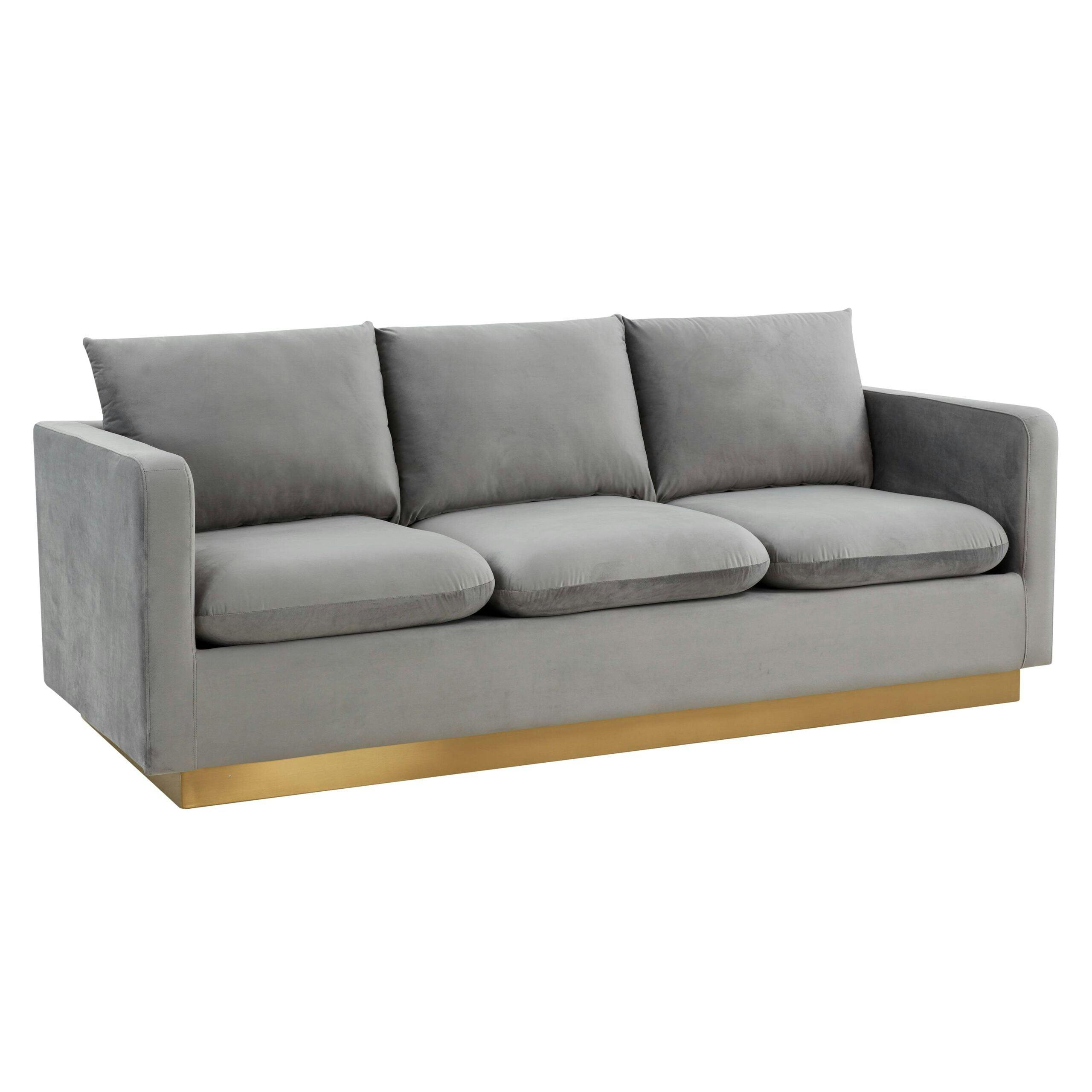 LeisureMod Nervo 65'' Light Grey Velvet Upholstered Sofa with Gold Frame