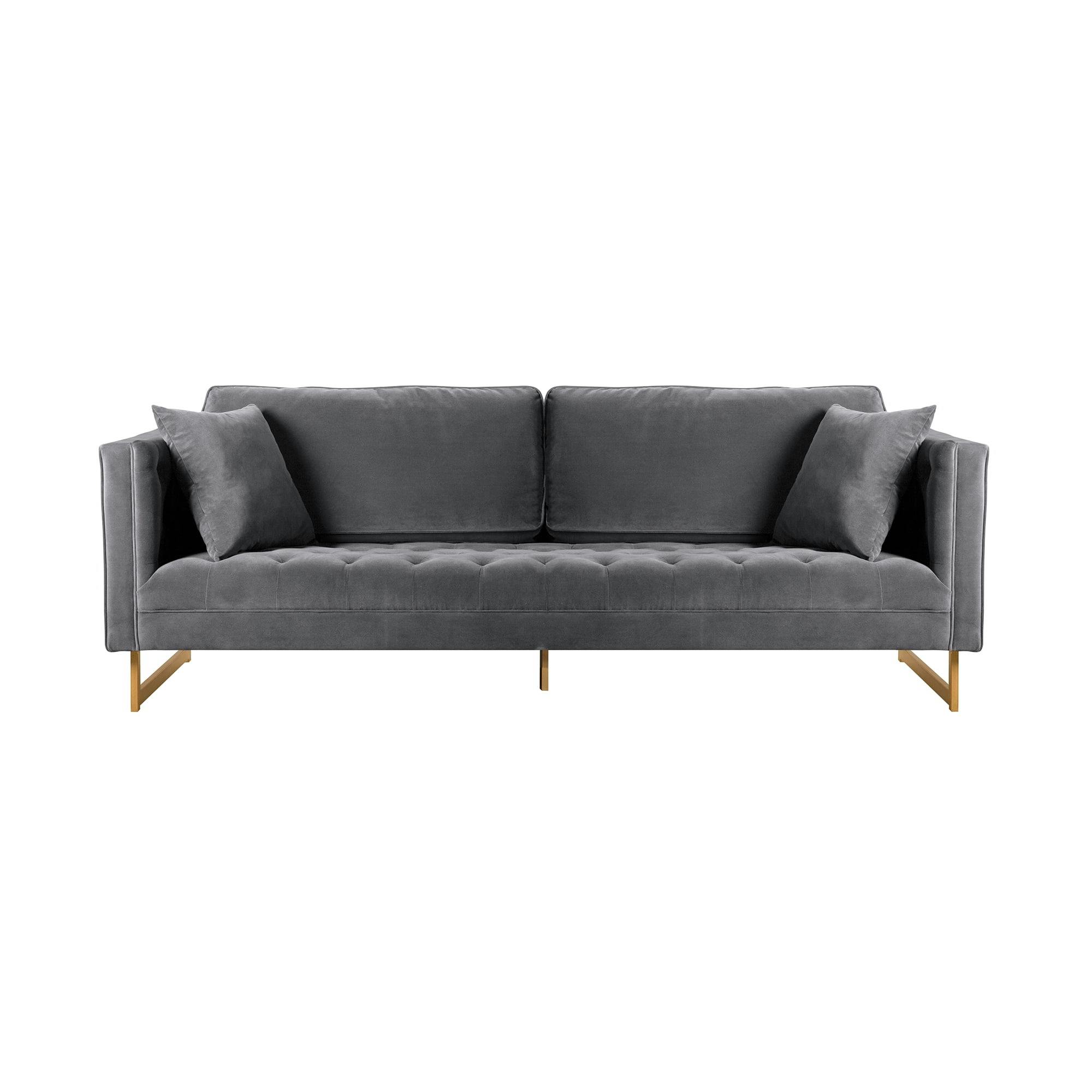 Lenox Contemporary Gray Velvet 90" Sofa with Brass Metal Legs