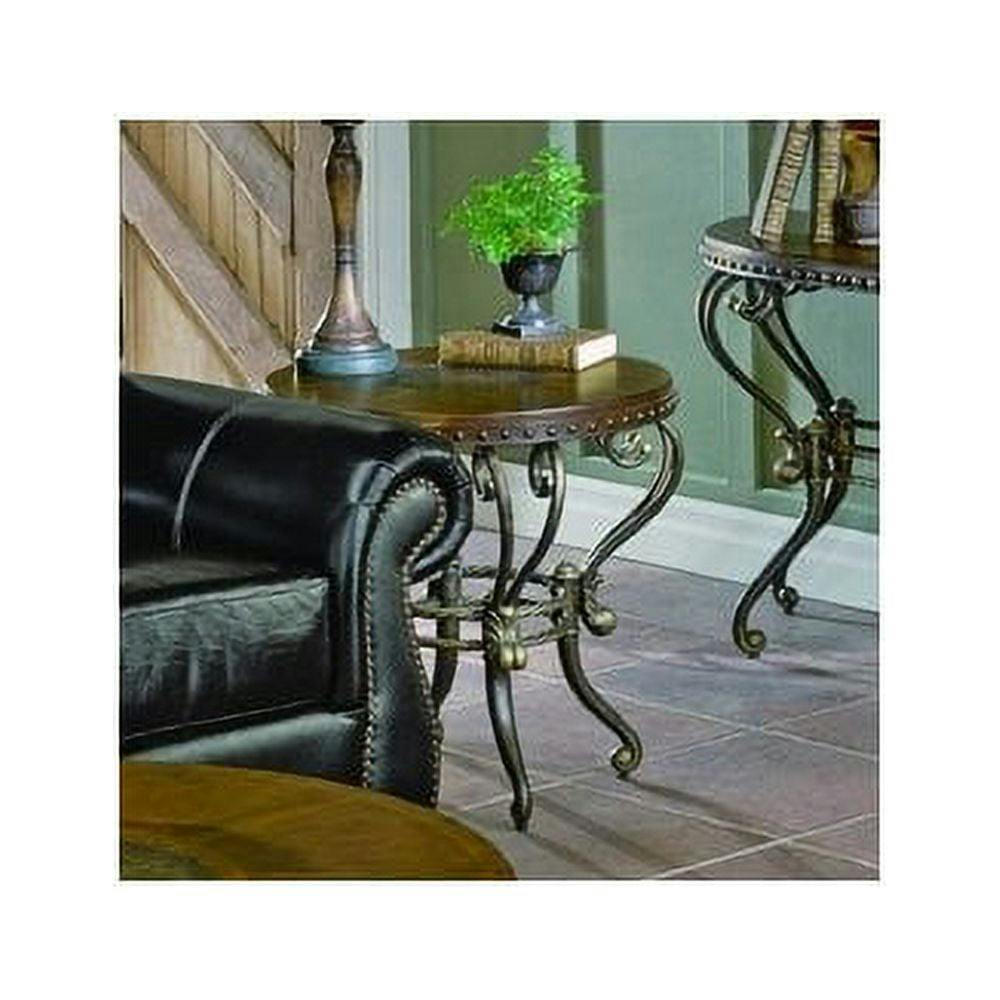 Traditional Warm Tobacco Round End Table with Curved Metal Base
