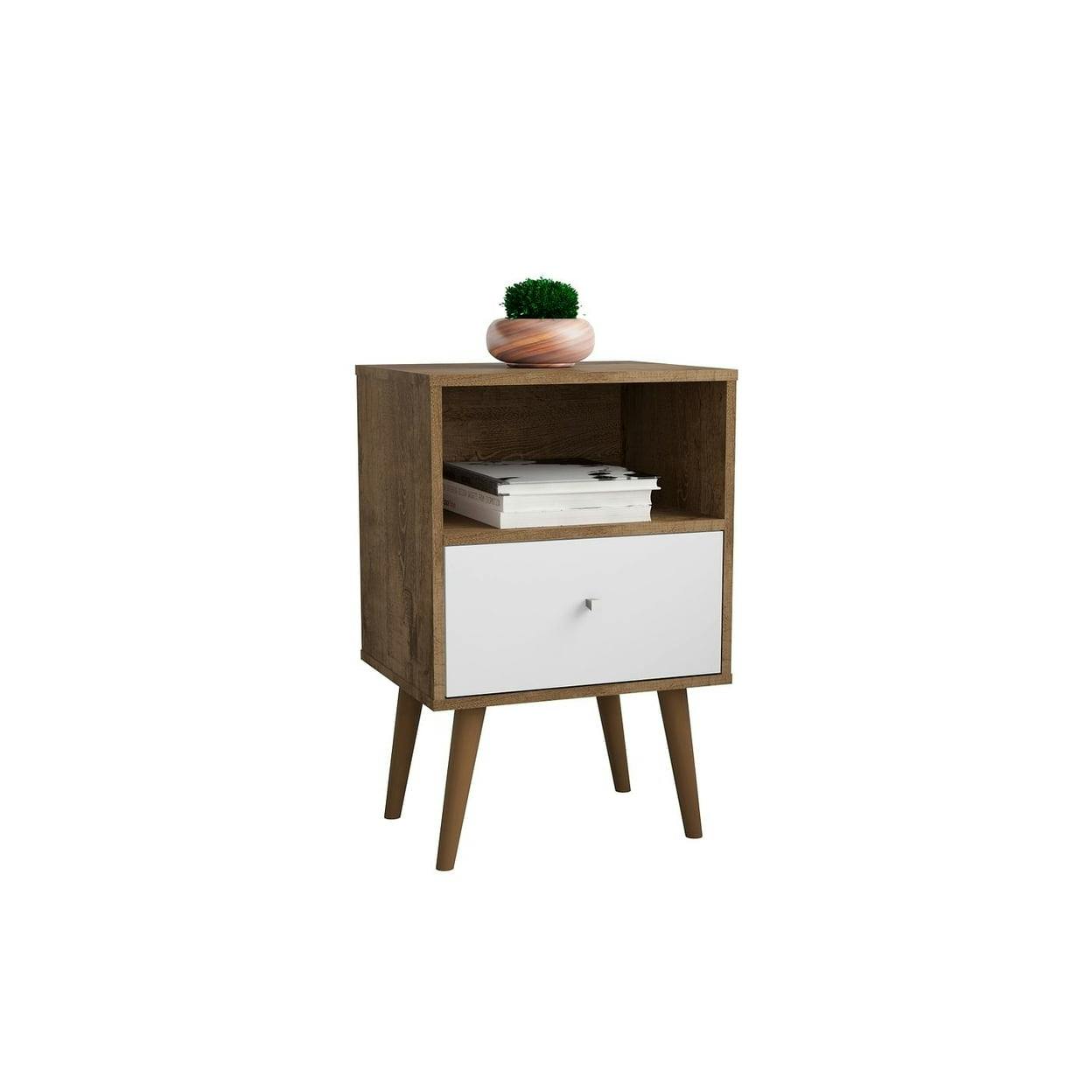 Liberty 27'' Rustic Brown and White Mid-Century Modern Nightstand with Cubby Space