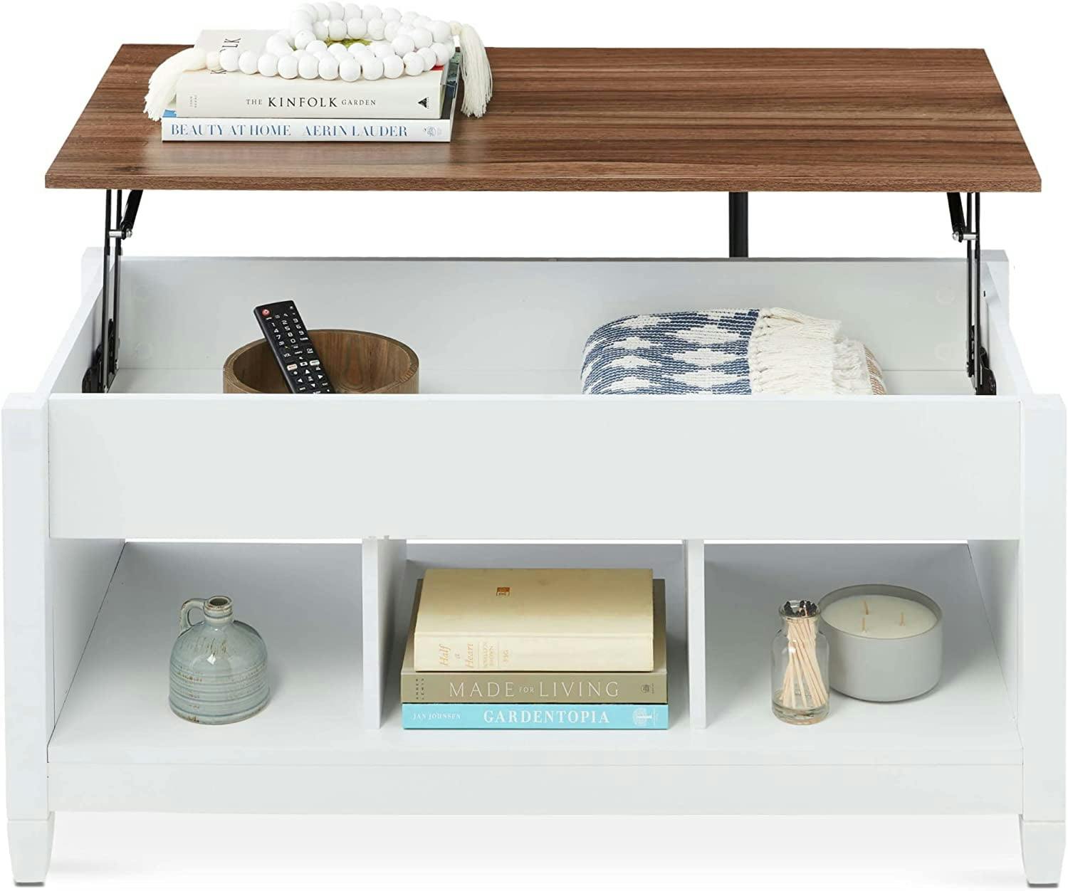 Modern Lift-Top Coffee Table with Hidden Storage in White and Brown