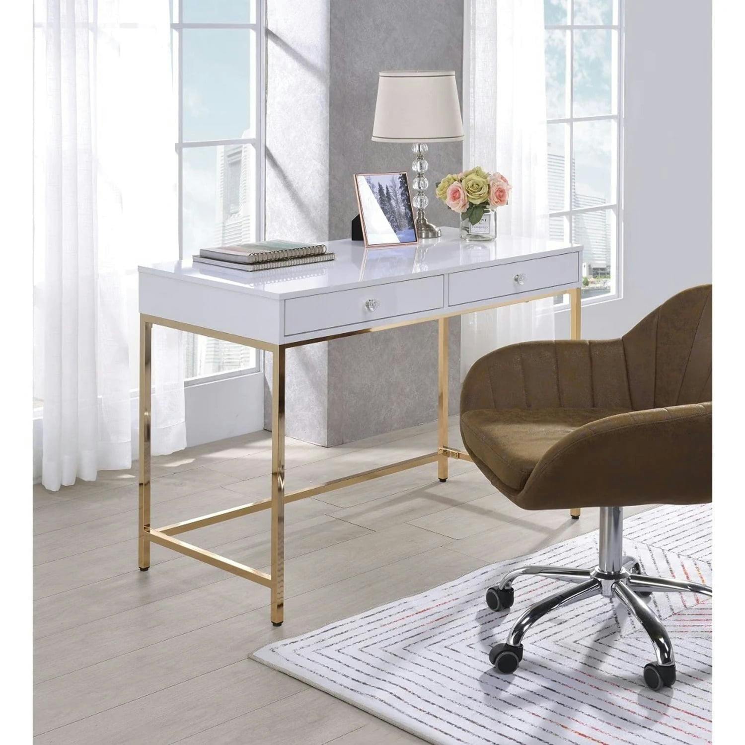 Contemporary White High Gloss 52" Office Desk with Gold Accents