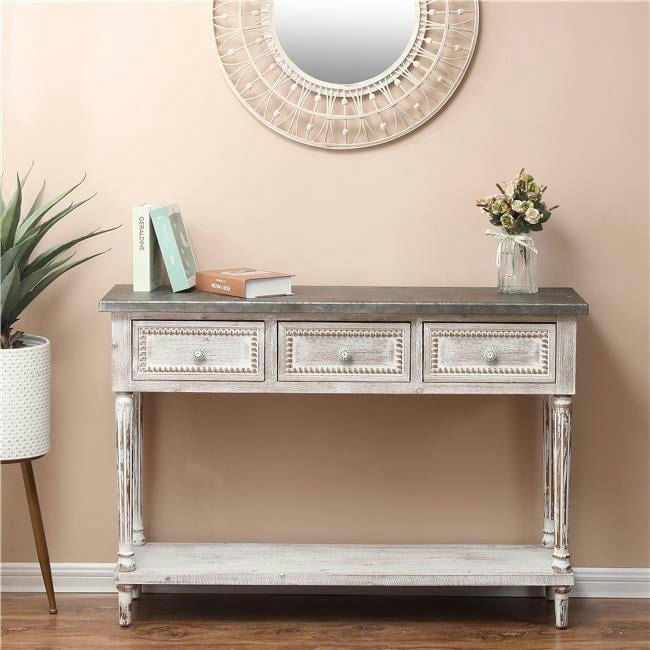 Vintage Whitewashed Wood and Galvanized Metal 3-Drawer Console Table