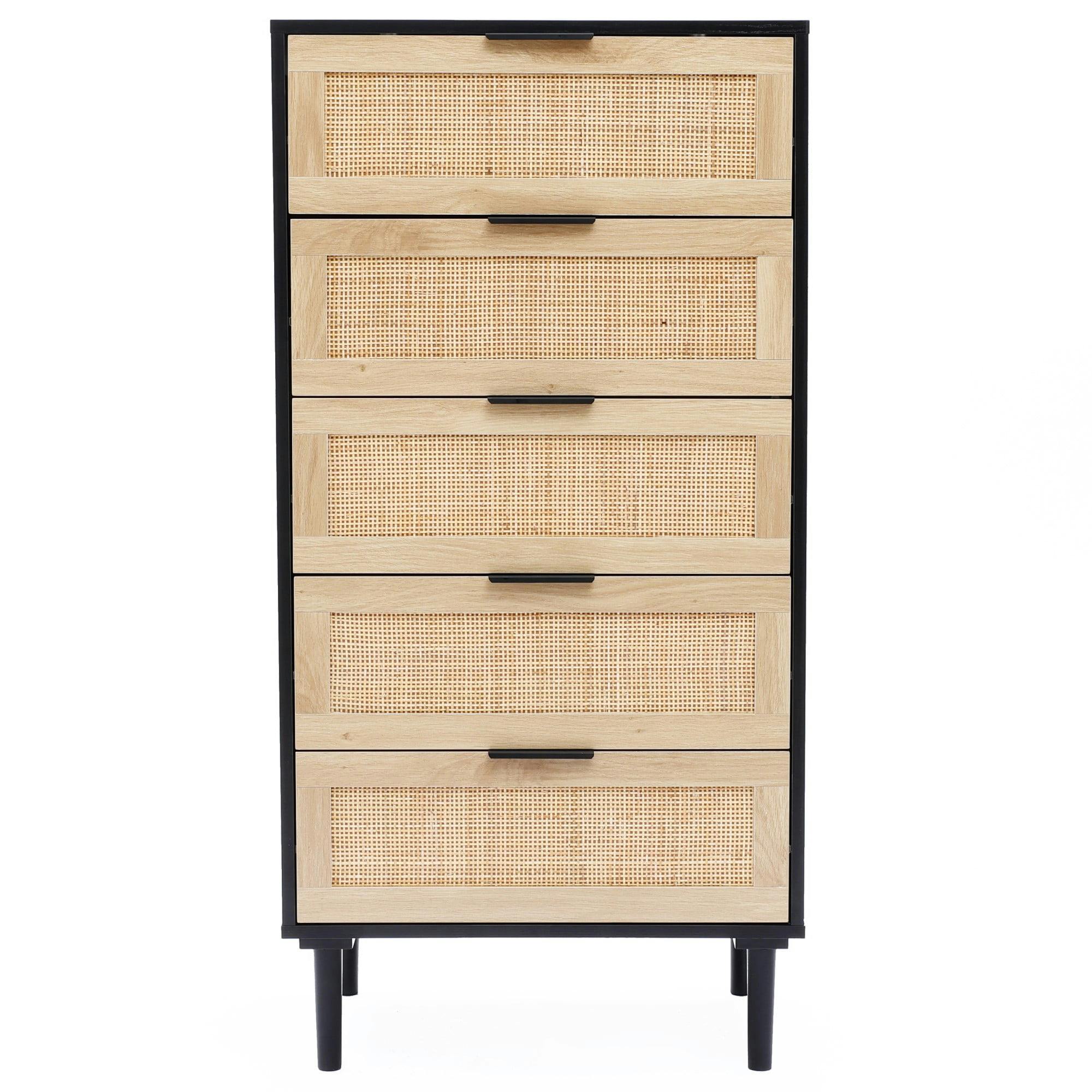 Mid-Century Black and Rattan 5-Drawer Vertical Chest