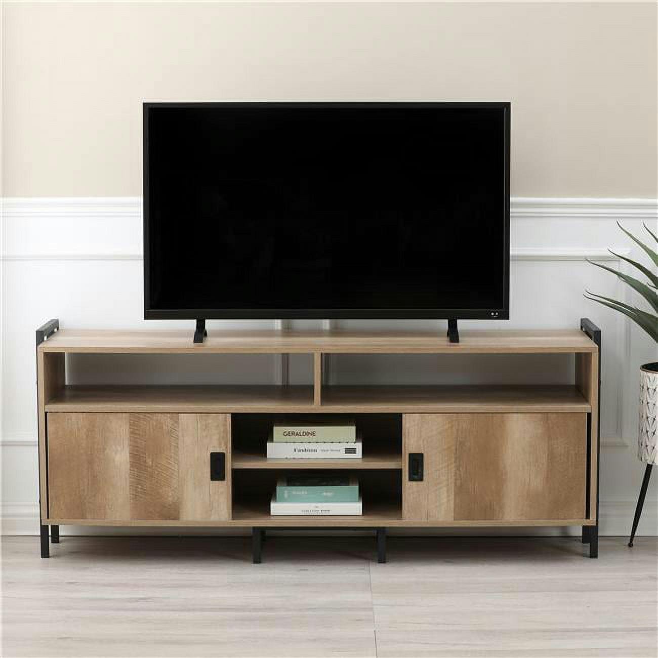 Modern Black and Light Oak 60" TV Stand with Cabinet Storage
