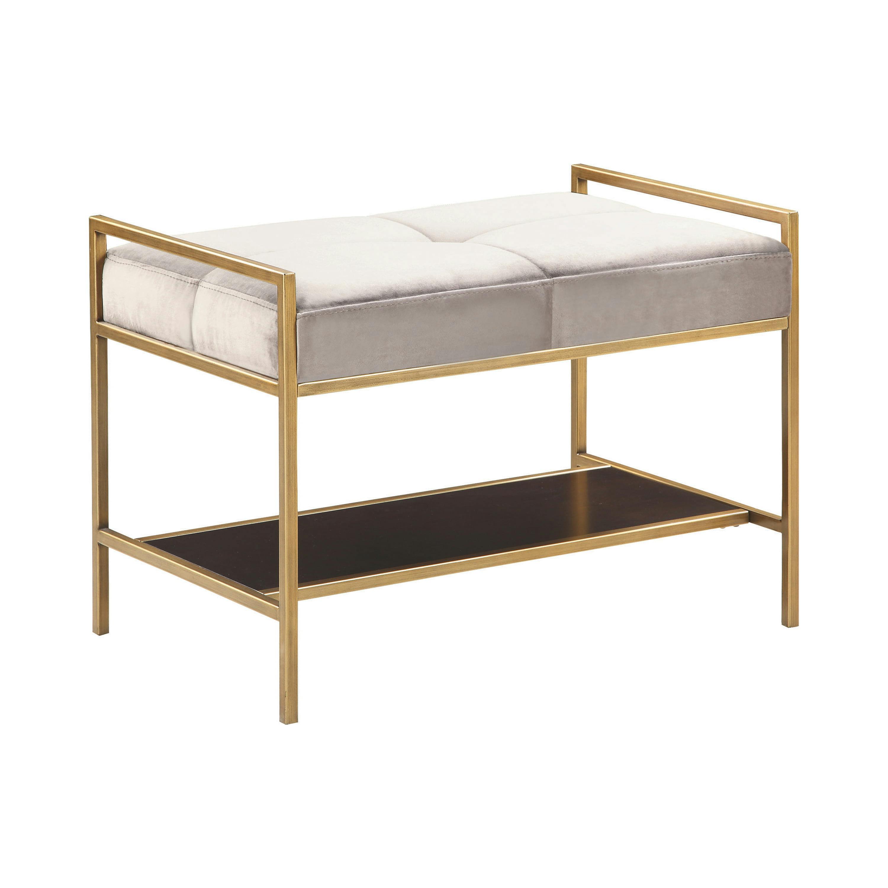 Luxurious Gray Velvet and Gold Metal Bedroom Bench with Storage Shelf