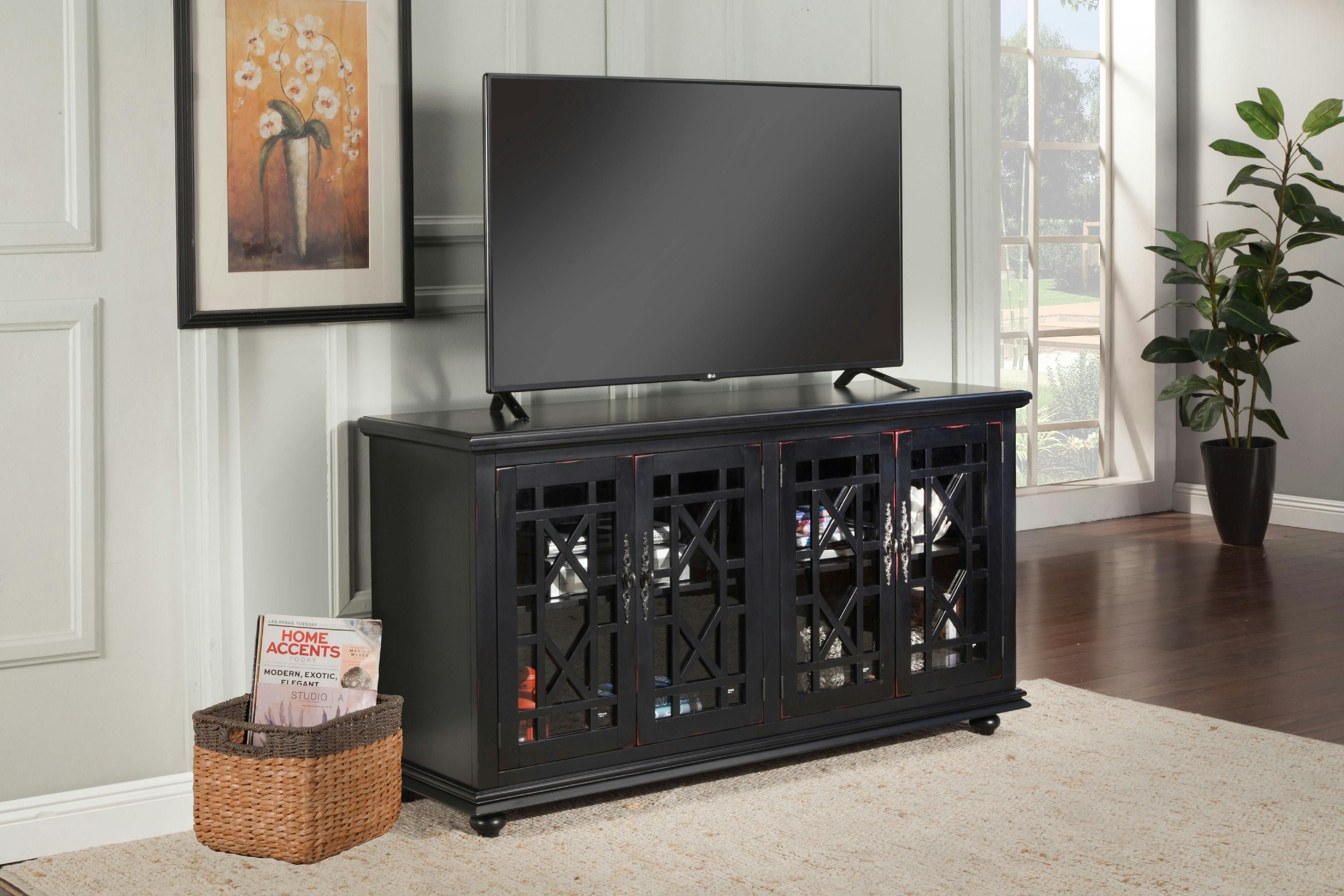 Parisian Antique Black 63" Transitional TV Stand with Glass Doors