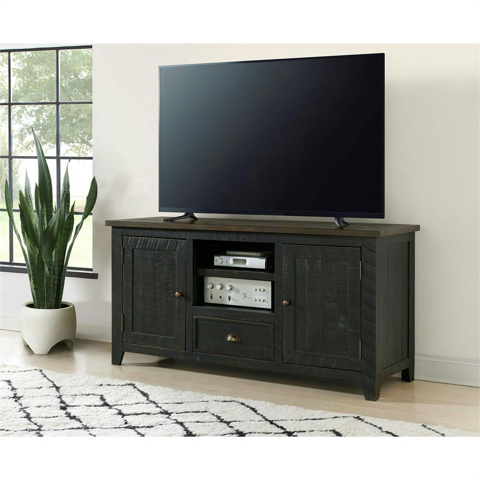 Coastal Farmhouse Black and Brown Pine TV Stand with Cabinets