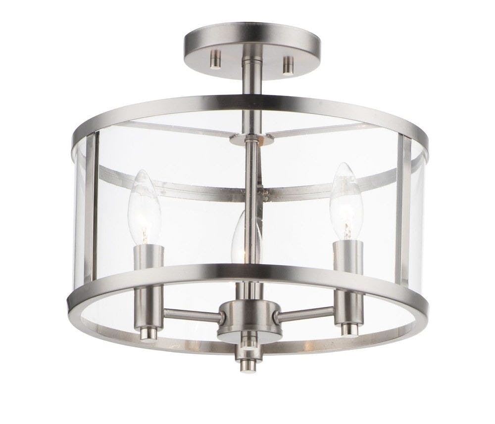 Satin Nickel Drum Semi-Flush Mount with Clear Glass Shade