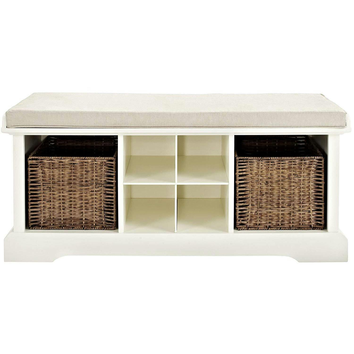 Minimalist Rustic White Entryway Storage Bench with Plinth Base