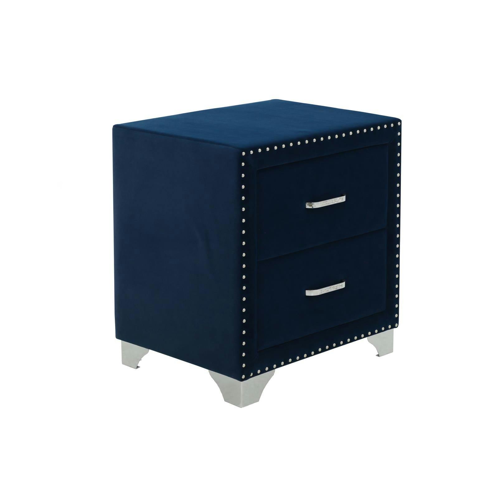 Pacific Blue Velvet Upholstered 2-Drawer Nightstand with Nailhead Trim