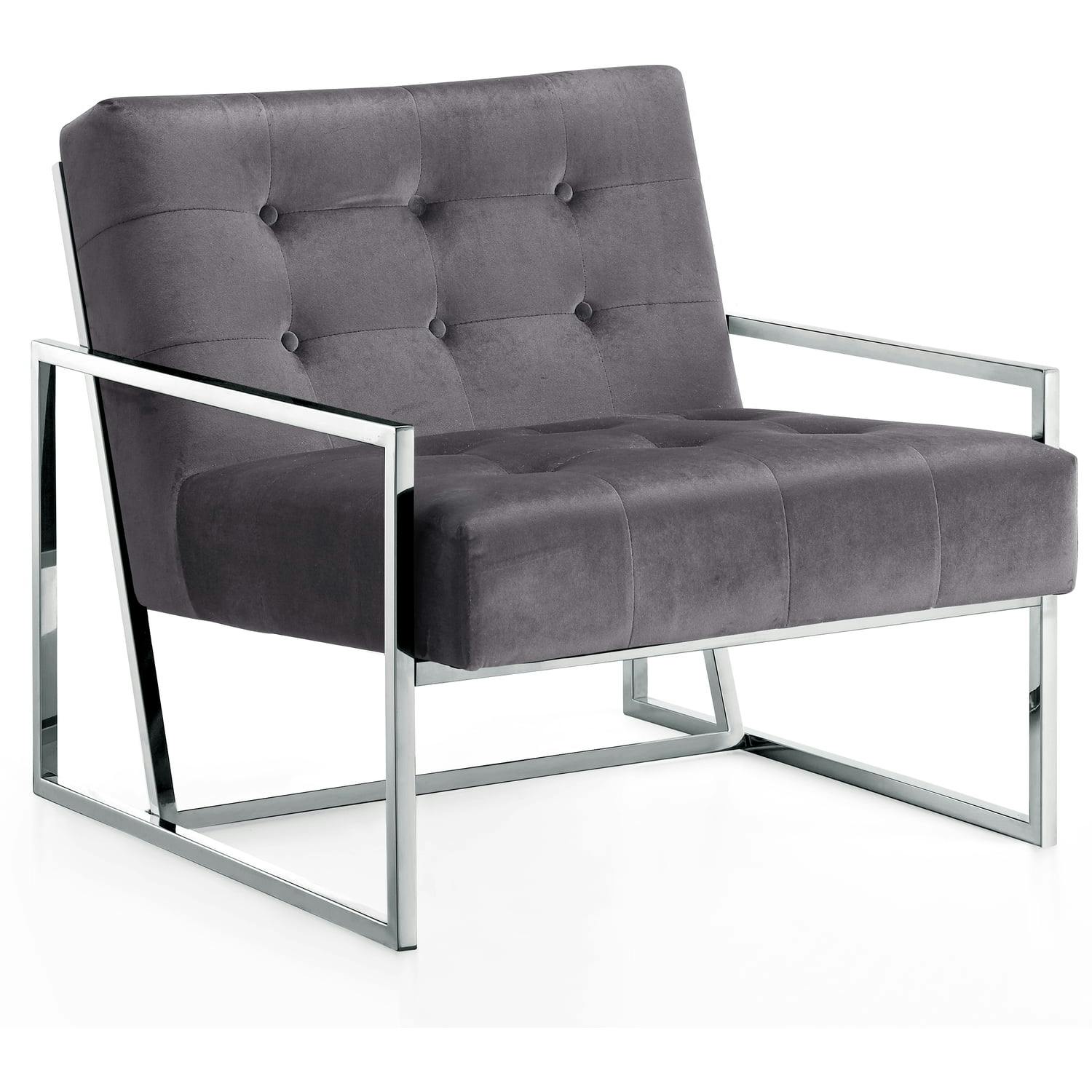 Sleek Grey Velvet and Wood Retro Accent Chair