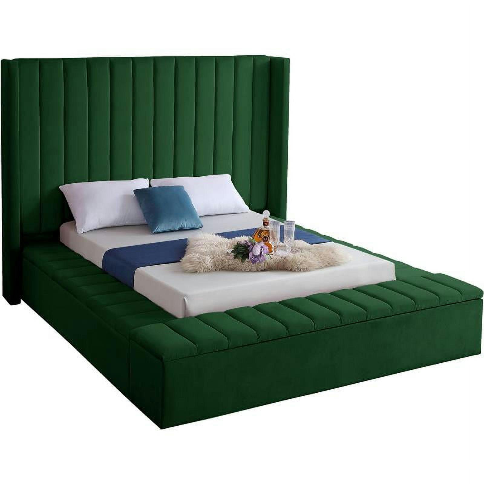 Contemporary Green Velvet Queen Platform Bed with Wingback Headboard