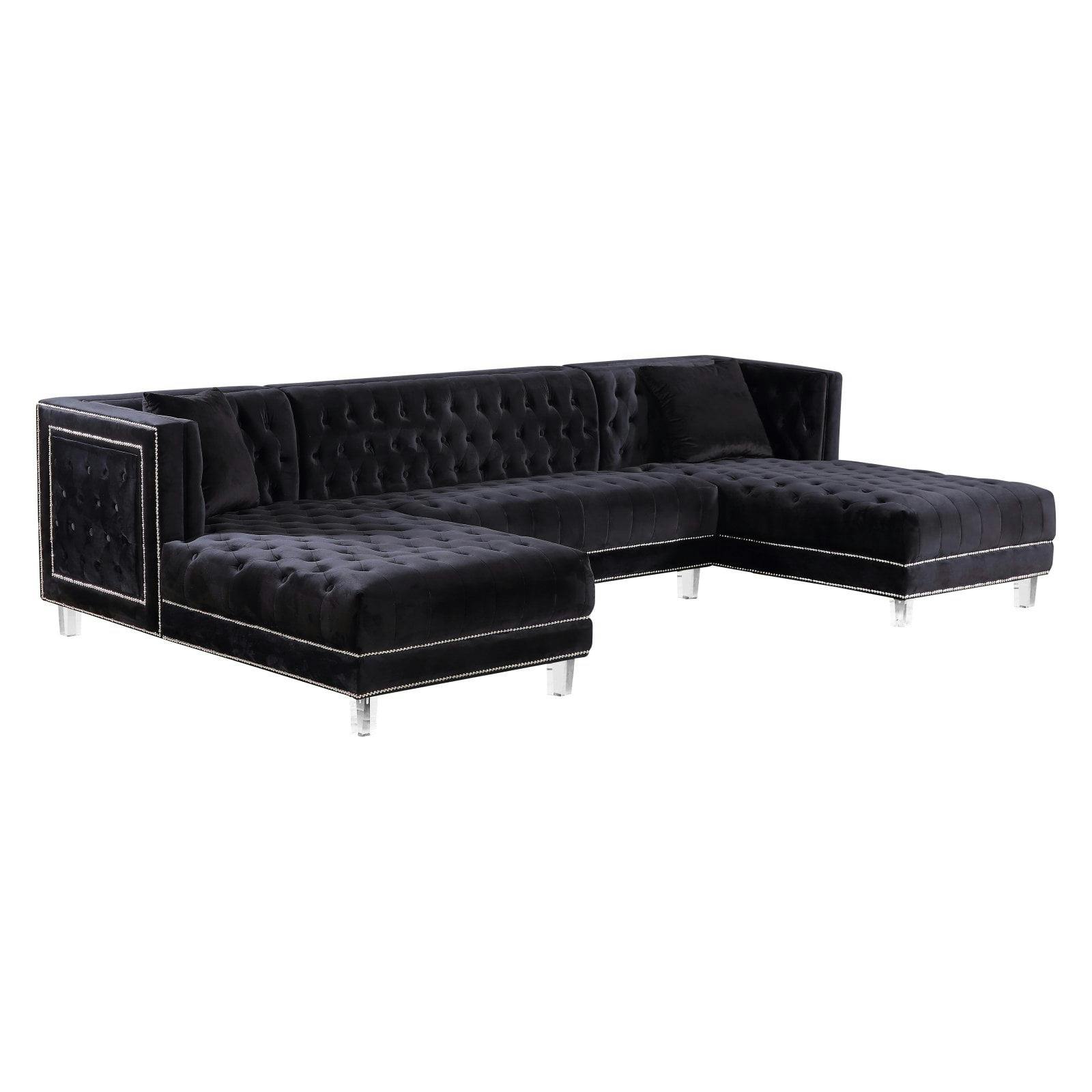 Luxurious Black Velvet Tufted 3-Piece Sectional with Nailhead Accents