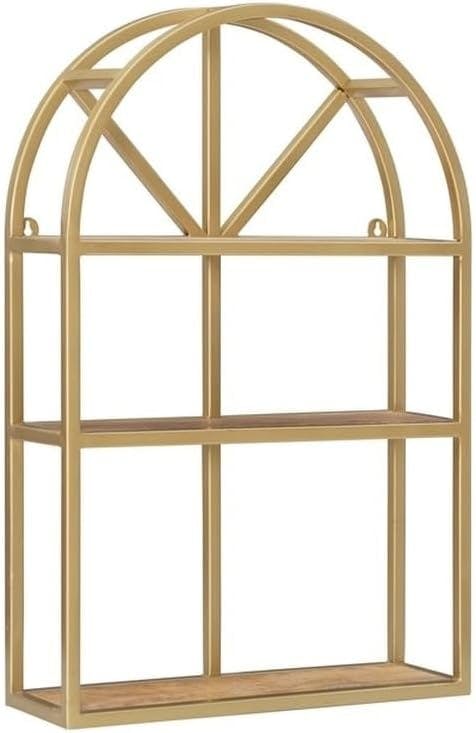 Arched Window-Inspired Gold & Natural Mango Wood Wall Shelf