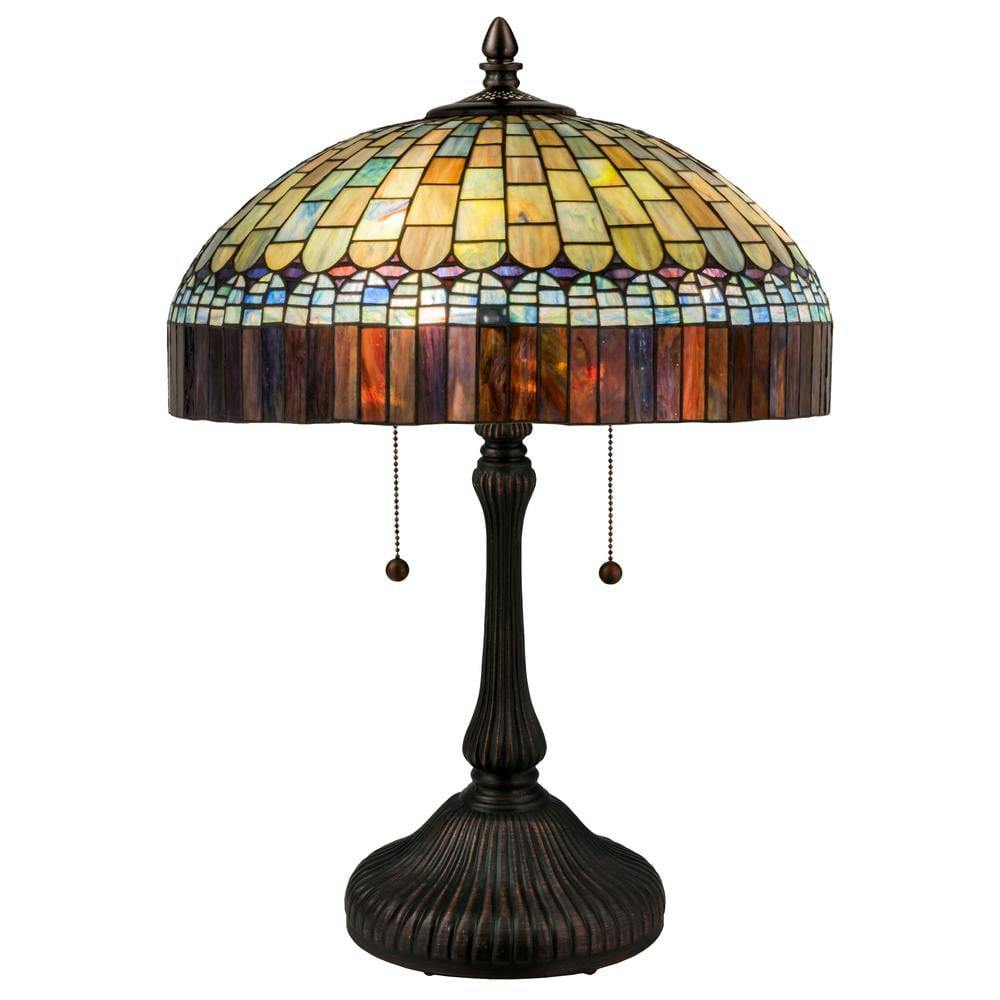Emerald Cobalt Ruby Stained Glass 2-Light Bronze Table Lamp