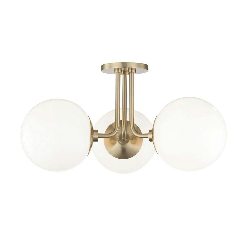 Elegant Aged Brass 3-Light Globe Semi-Flush Mount with White Glass Shade