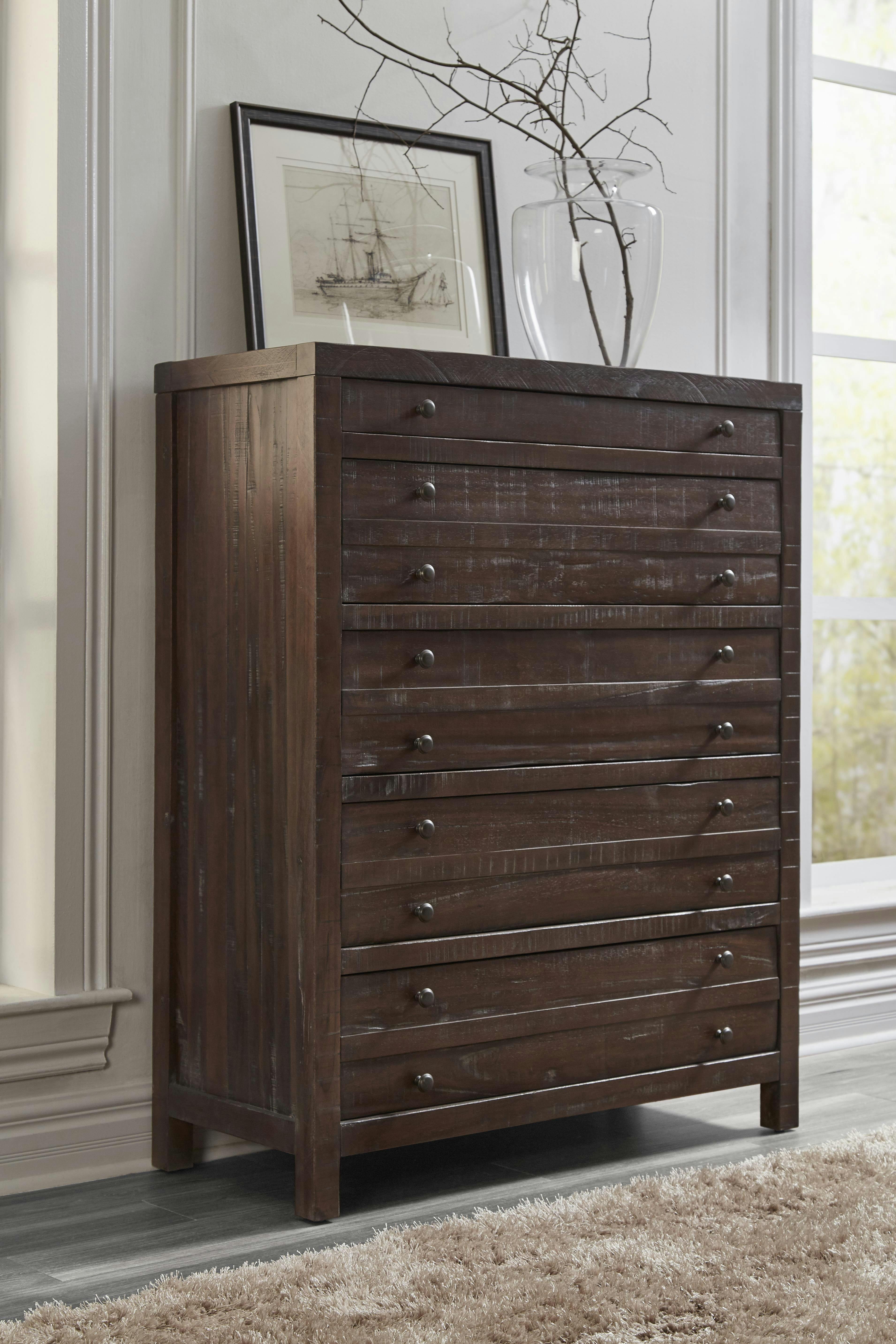 Rustic Java Solid Wood Chest with 5 Drawers and Felt Lined Top
