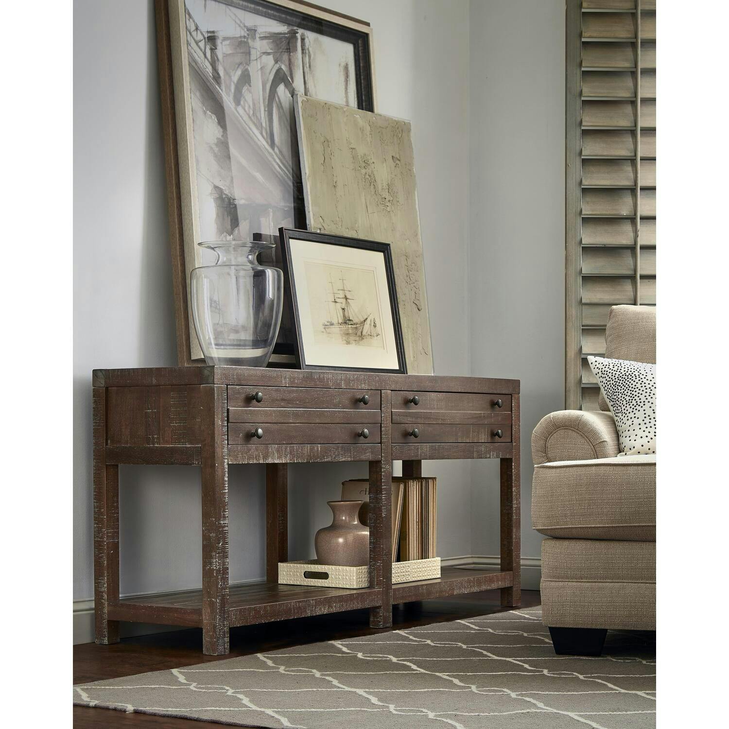 Roughhewn Solid Wood and Metal Console Table with Storage in Java