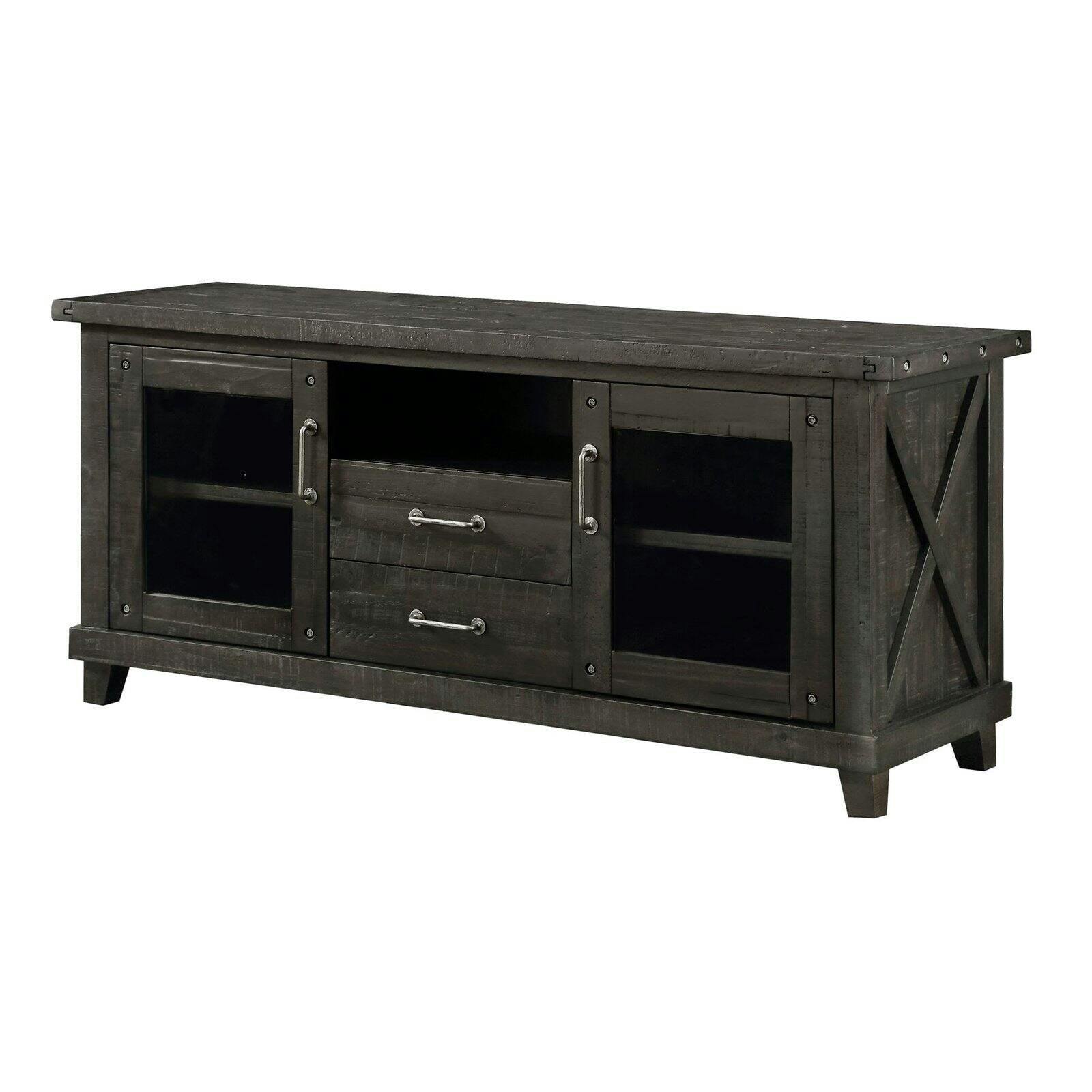 Rustic Black Solid Wood Media Console with Cabinet