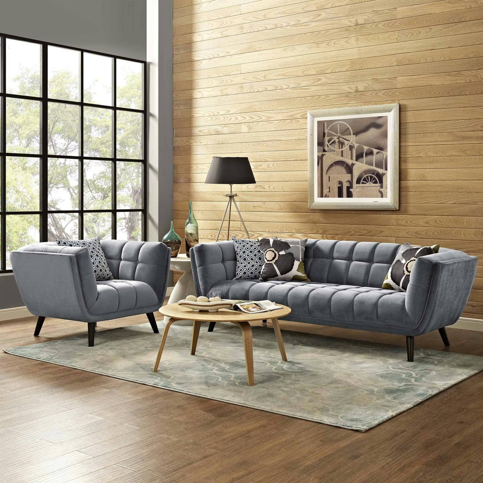 Bestow Luxe Gray Velvet Sofa and Armchair Set with Button Tufting