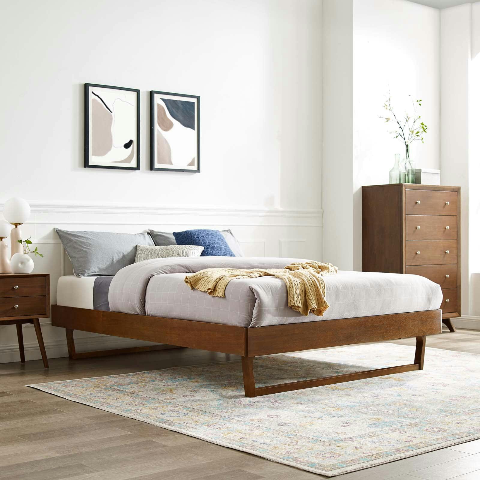 Billie Mid-Century Walnut Wood Full Platform Bed with Headboard