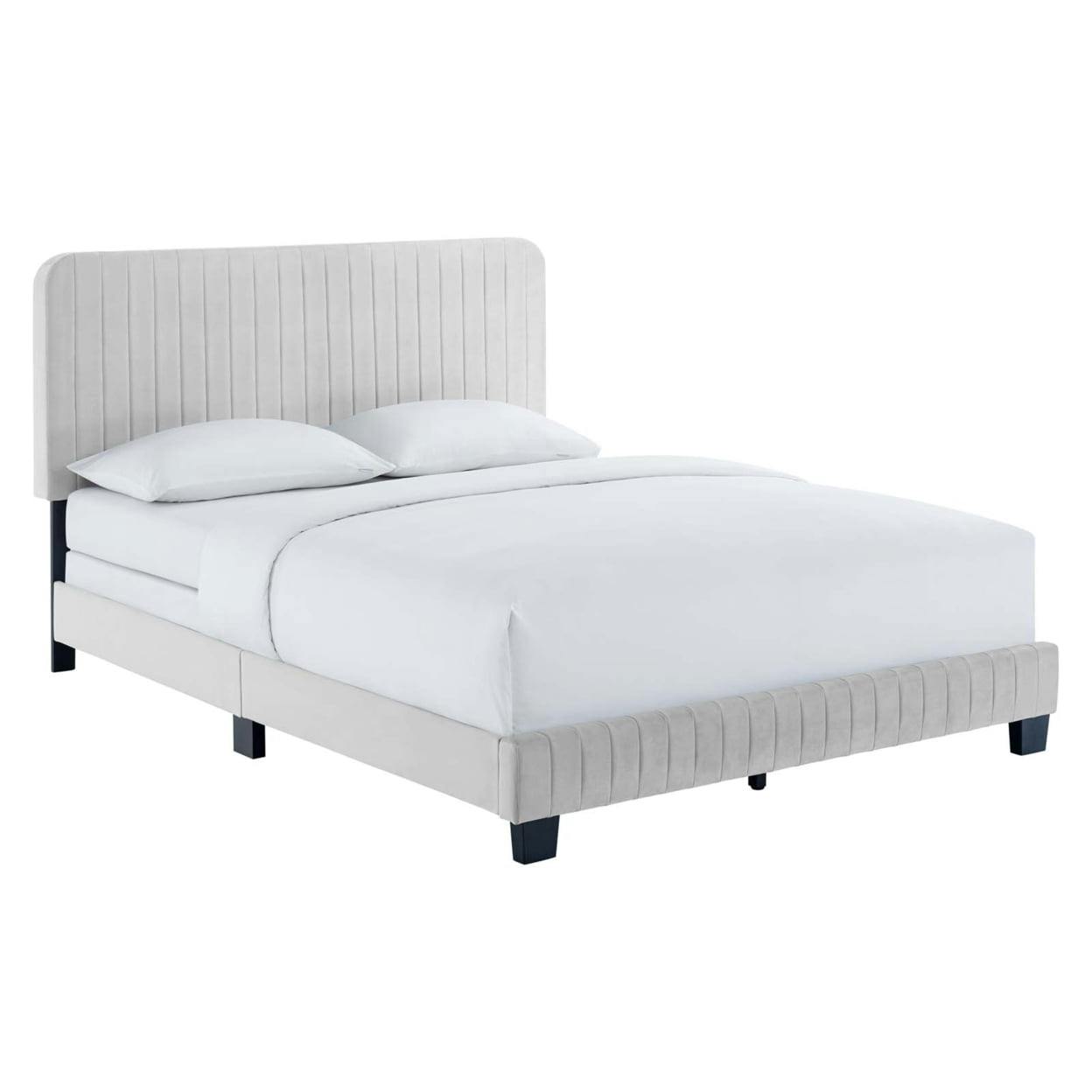 Elegance King-Sized Channel-Tufted Light Gray Velvet Bed with Headboard