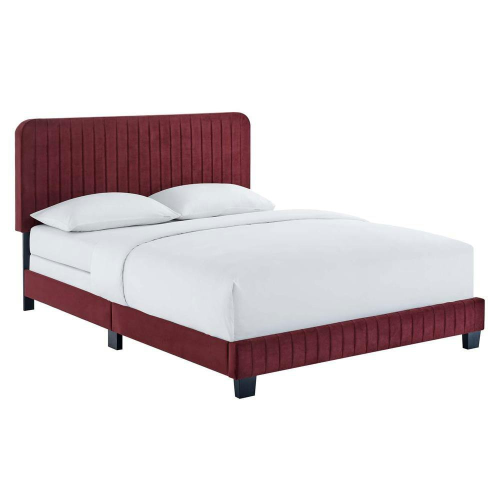 Glam Deco Maroon Velvet Tufted Twin Bed with Sturdy Frame