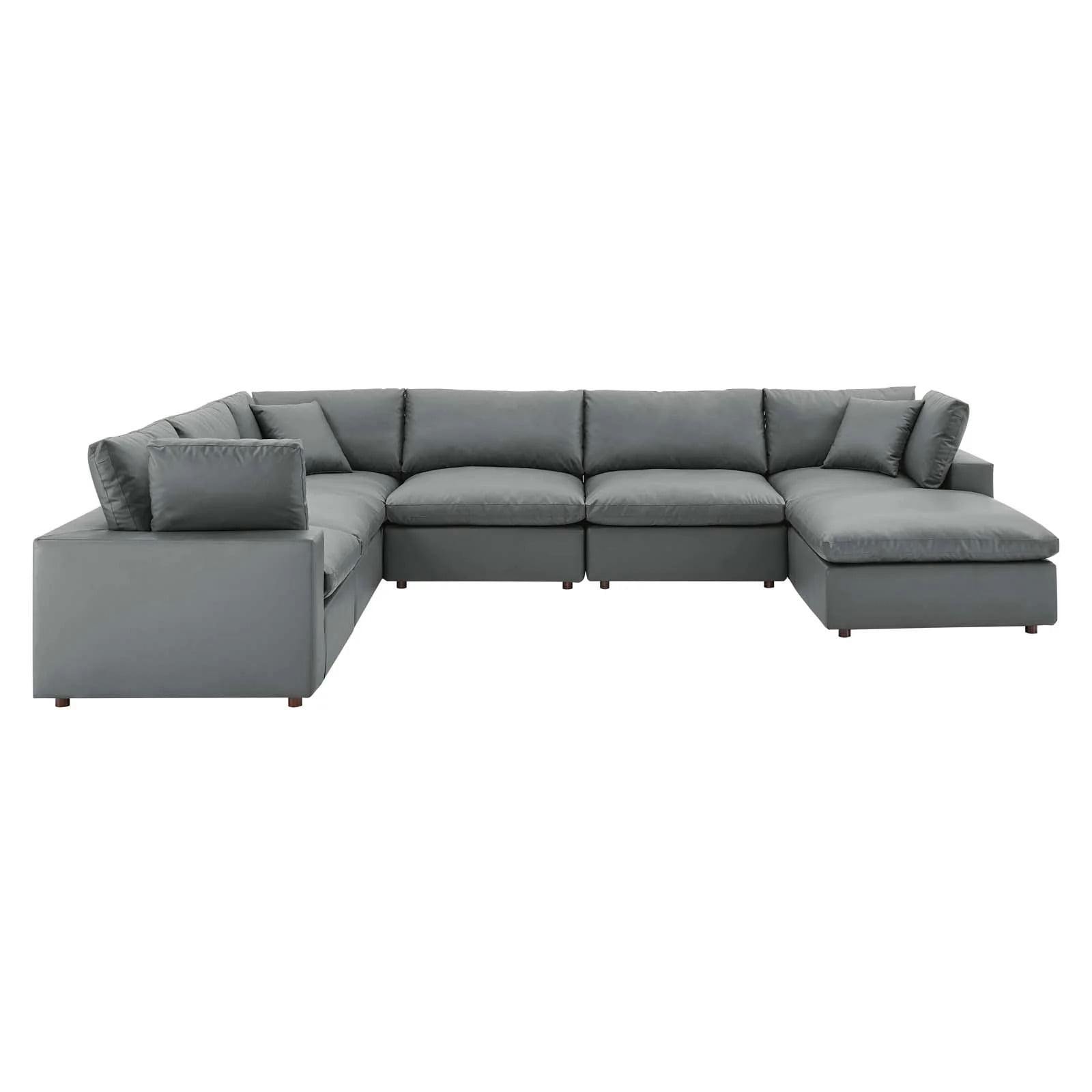 Luxurious Gray Faux Leather 7-Piece Sectional with Ottoman