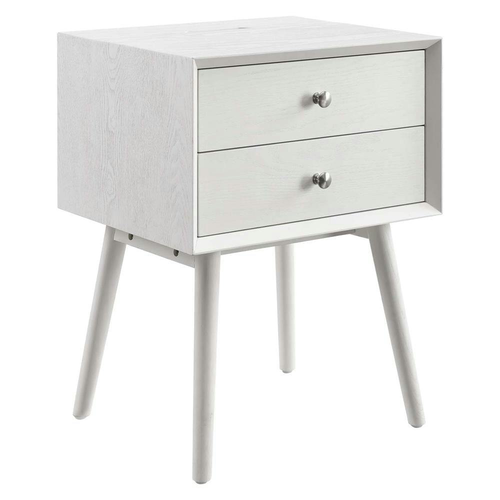 Mid-Century Modern White Wood Nightstand with USB Ports