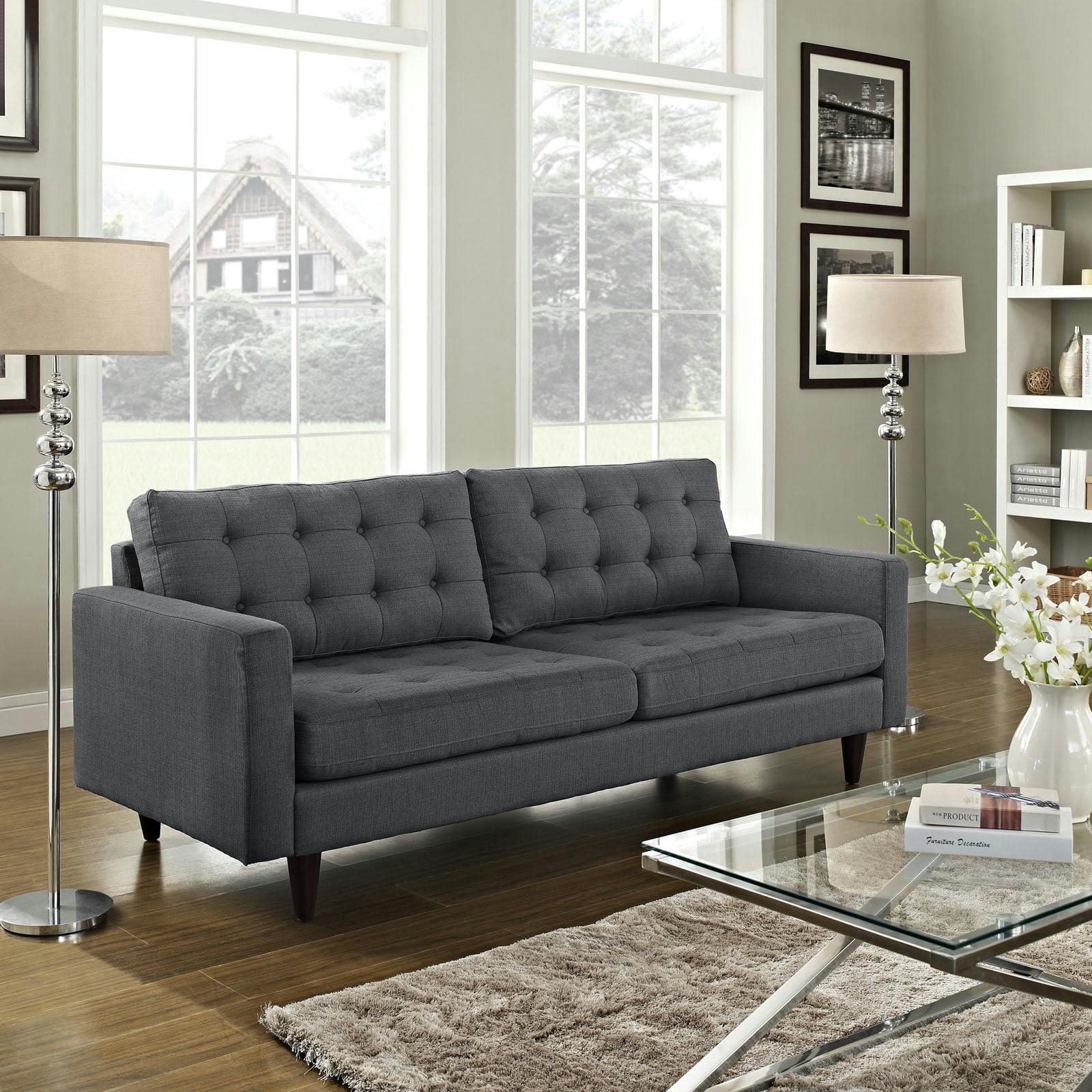 Empress Gray Tufted Fabric Sofa with Solid Wood Legs